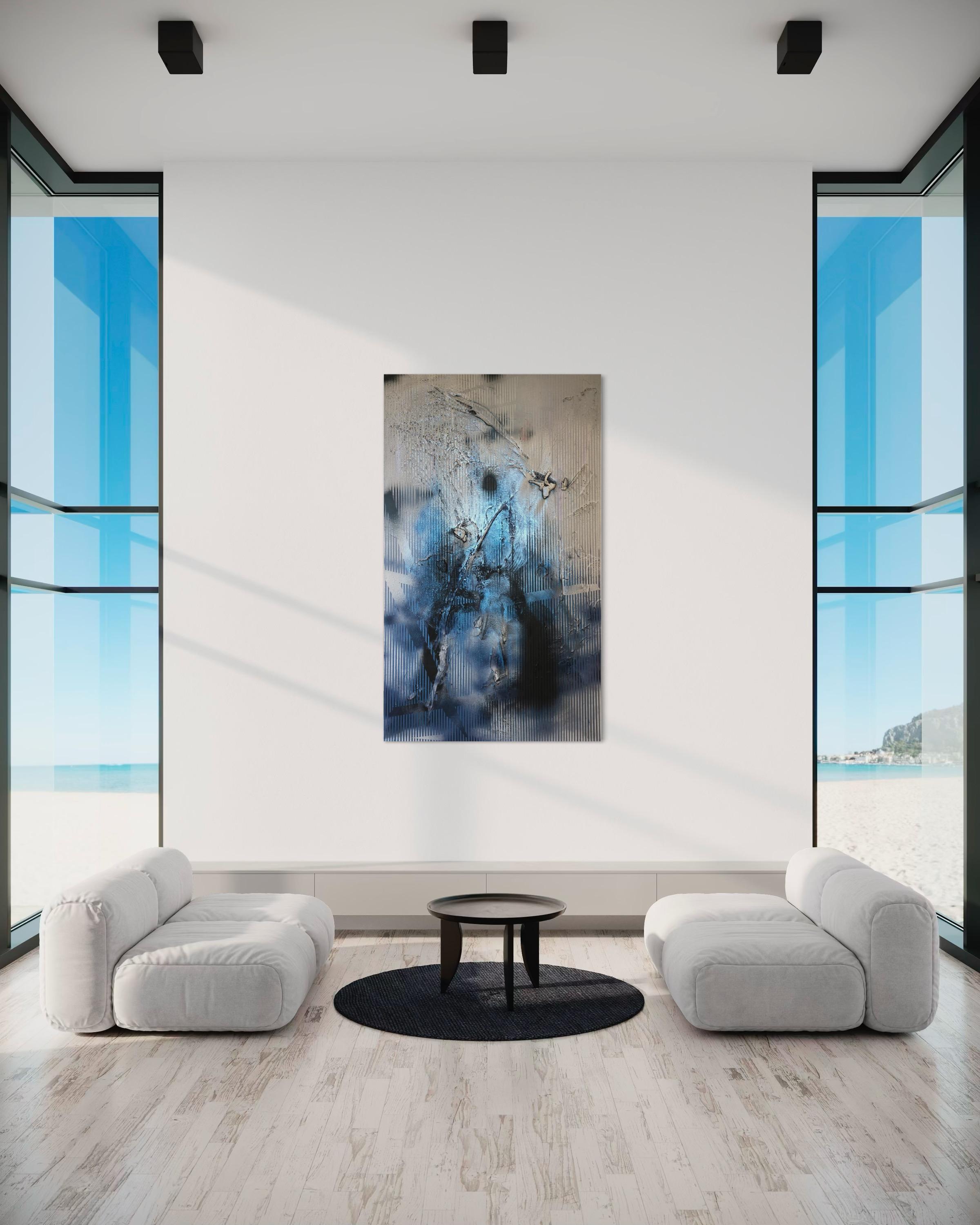 Sateen X (iridescent blue gestural abstract grid painting black grey texture) For Sale 2