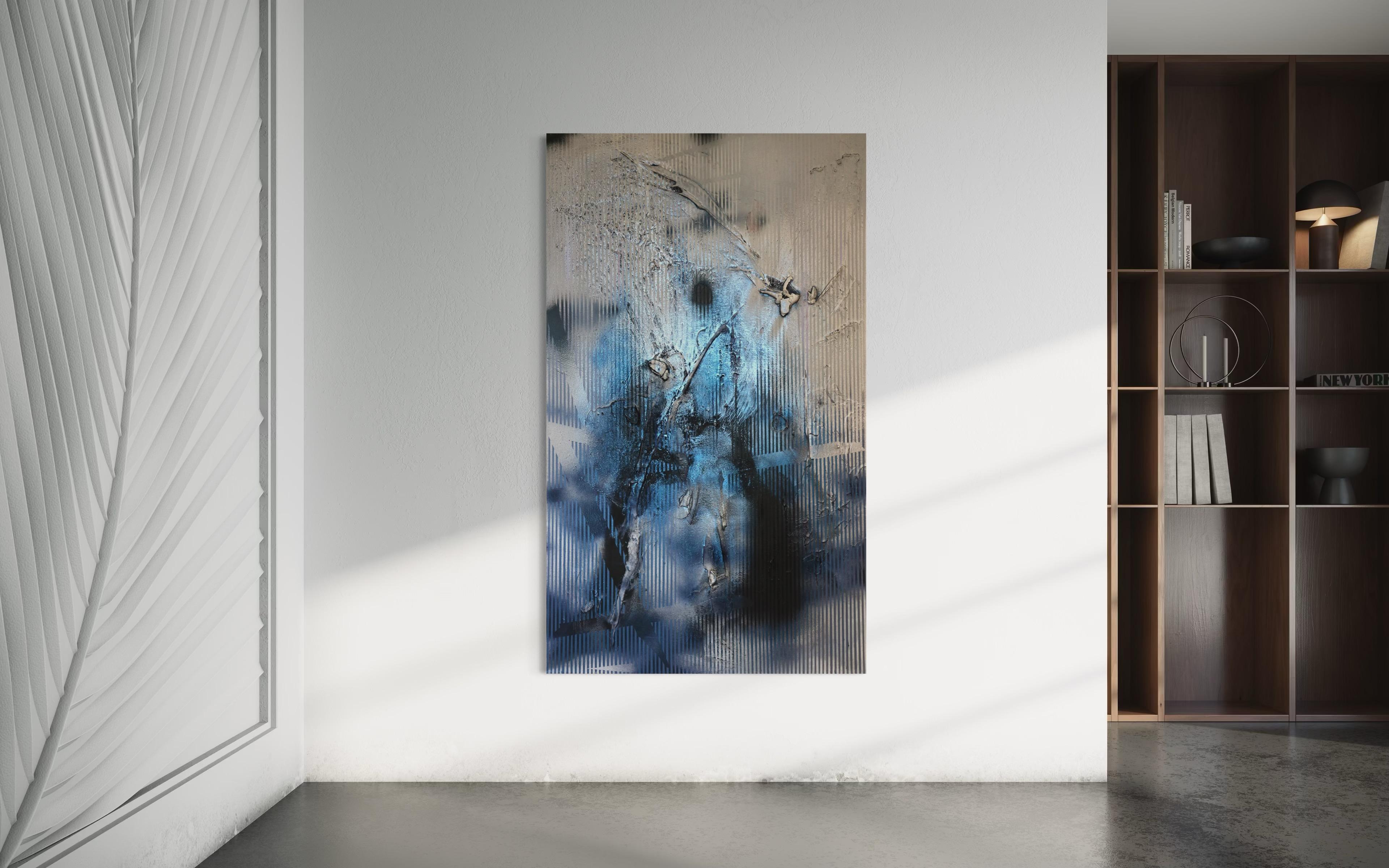 Sateen X (iridescent blue gestural abstract grid painting black grey texture) For Sale 3
