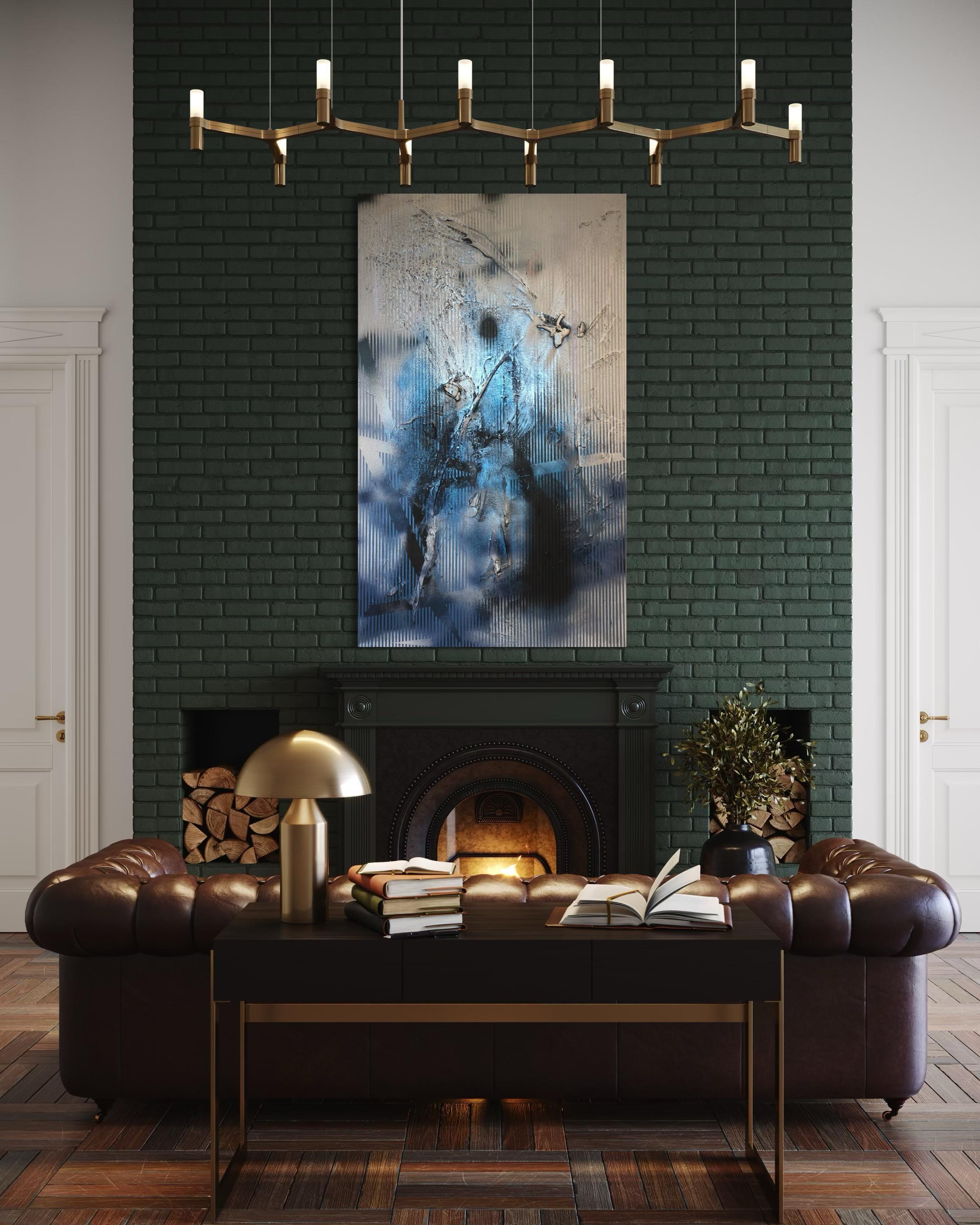 Sateen X (iridescent blue gestural abstract grid painting black grey texture) For Sale 4