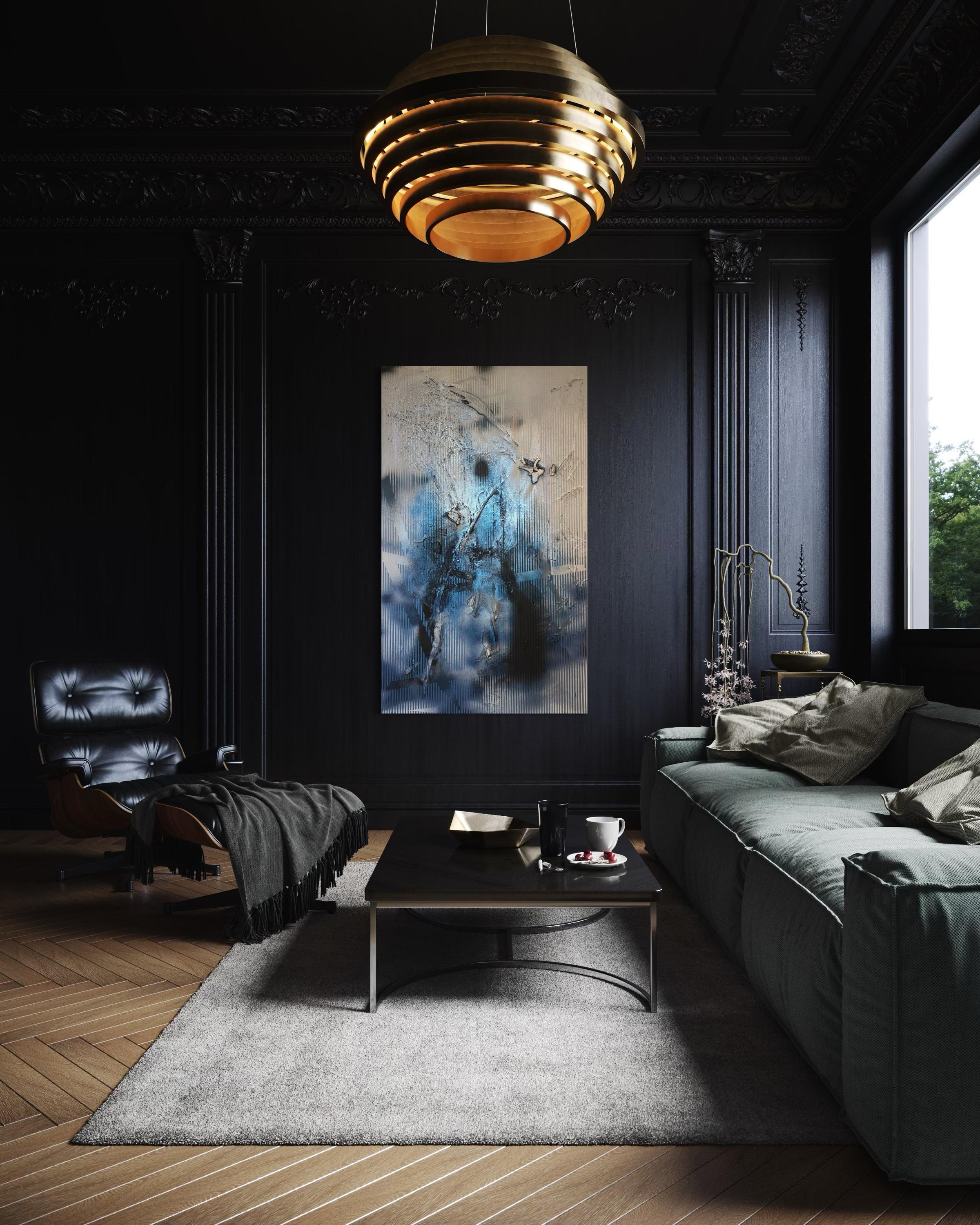 Sateen X (iridescent blue gestural abstract grid painting black grey texture) For Sale 6