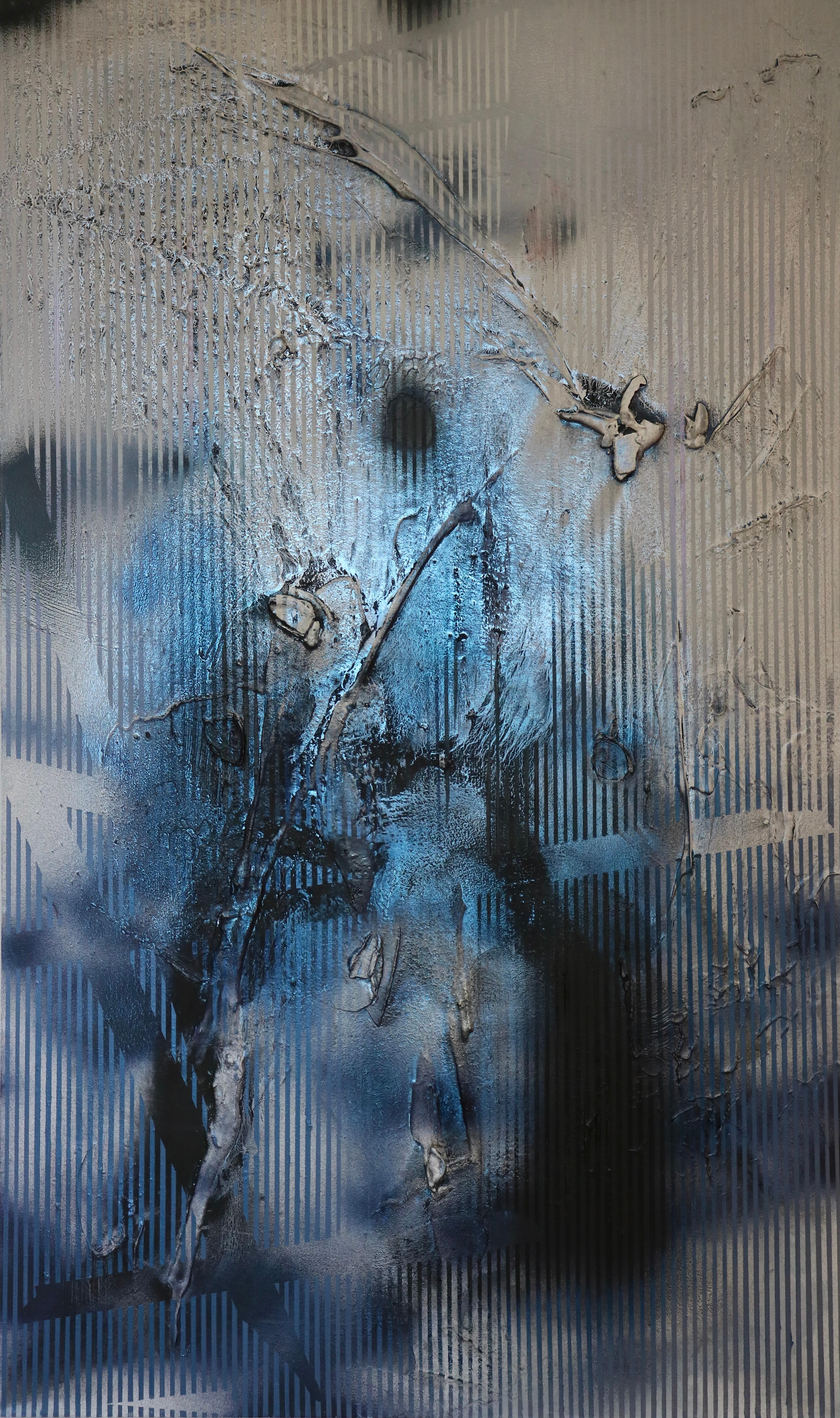 Sateen X (iridescent blue gestural abstract grid painting black grey texture) - Mixed Media Art by Melisa Taylor Metzger