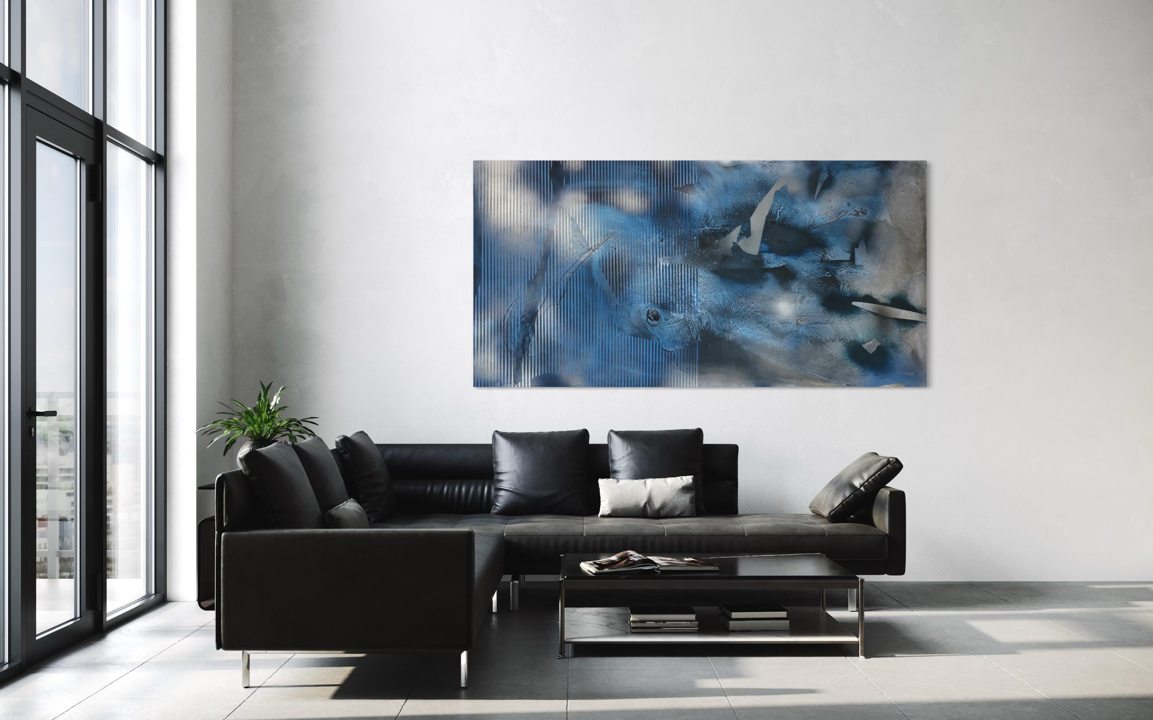 Sateen X2 (blau schillernde, gestische, abstrakte Gittermalerei mit indigo-grauer Textur) im Angebot 7