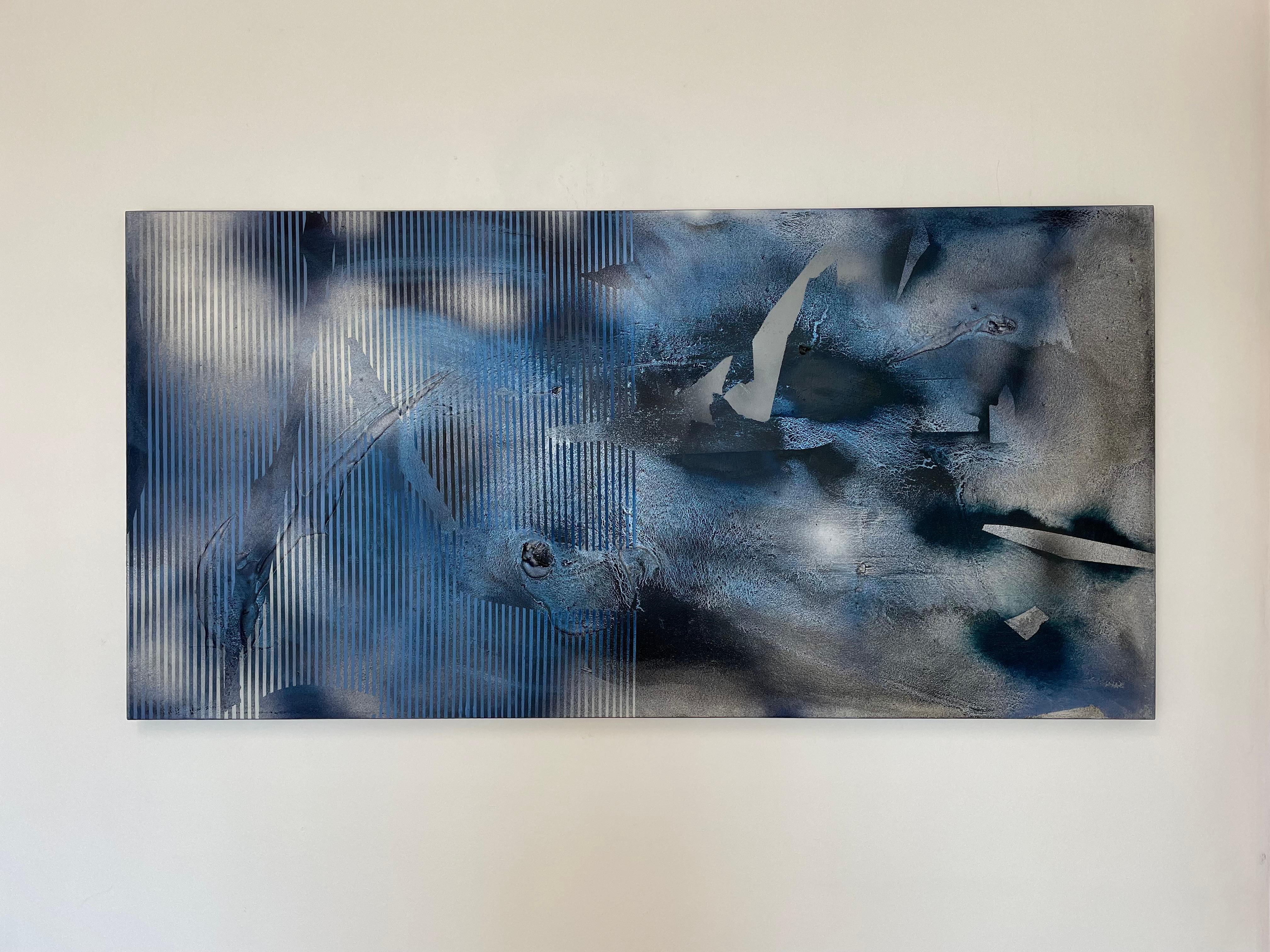 Sateen X2 (iridescent blue gestural abstract grid painting indigo grey texture) - Abstract Geometric Mixed Media Art by Melisa Taylor Metzger