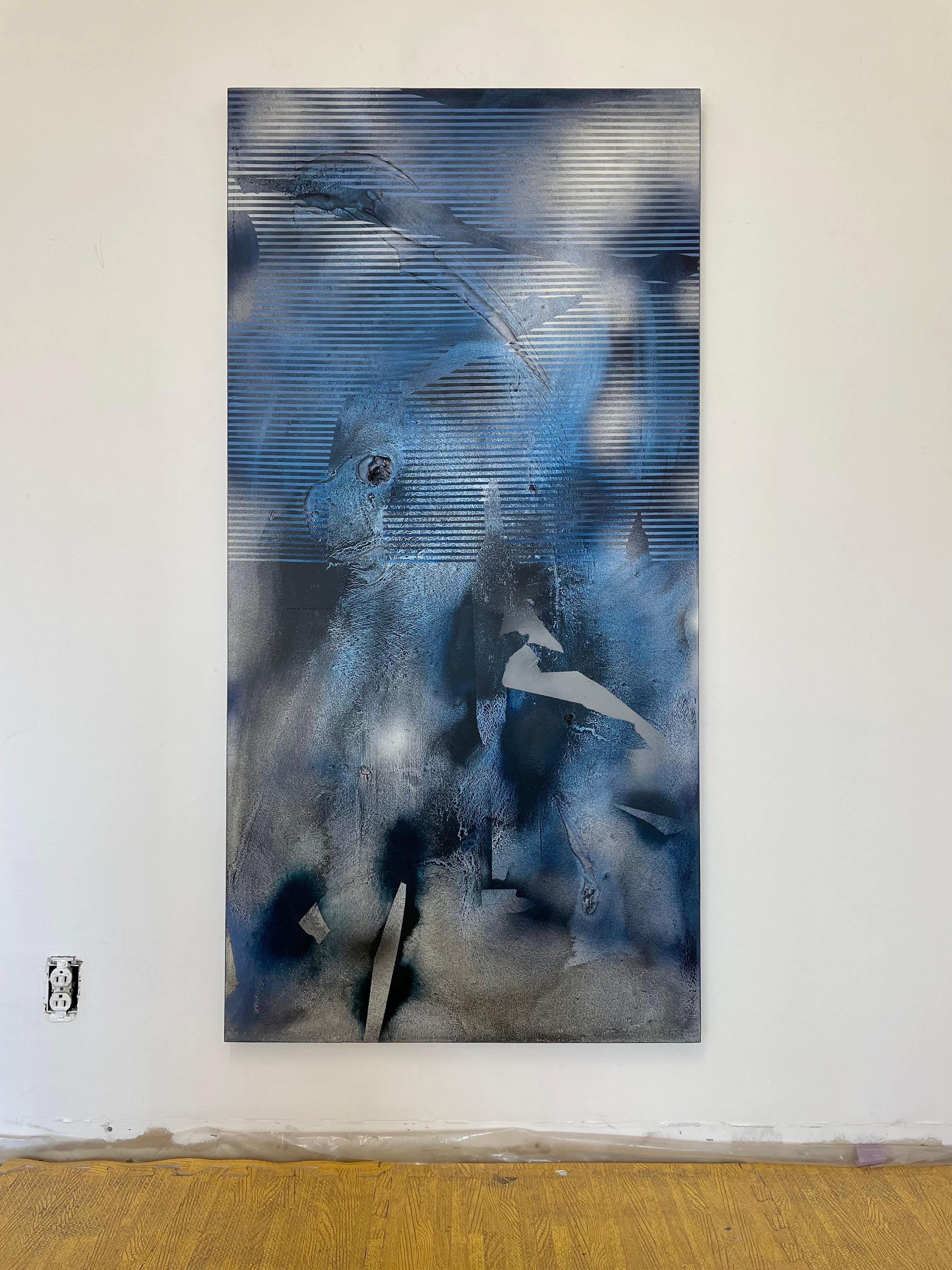 Sateen X2 (iridescent blue gestural abstract grid painting indigo grey texture) For Sale 1