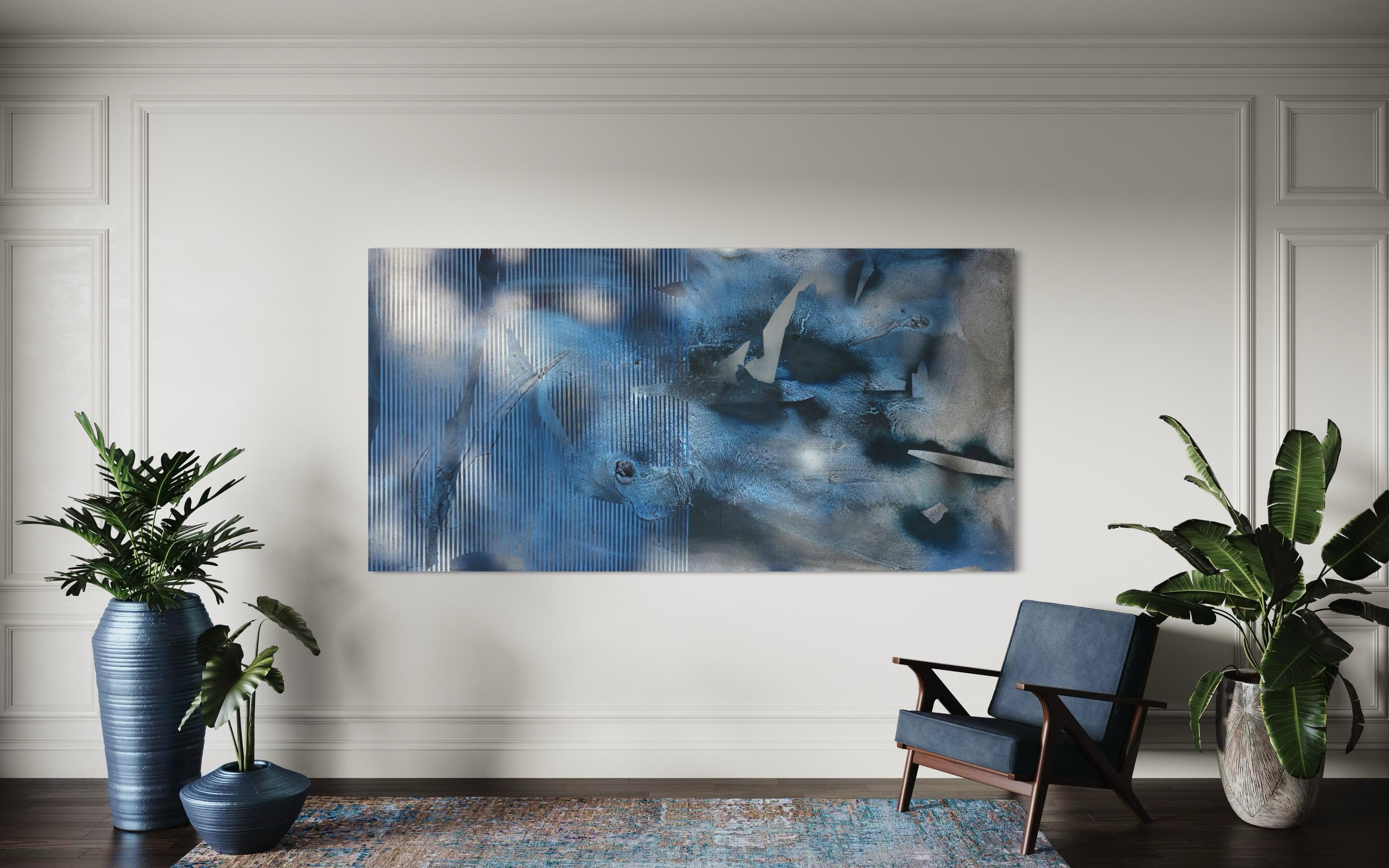 Sateen X2 (blau schillernde, gestische, abstrakte Gittermalerei mit indigo-grauer Textur) im Angebot 4
