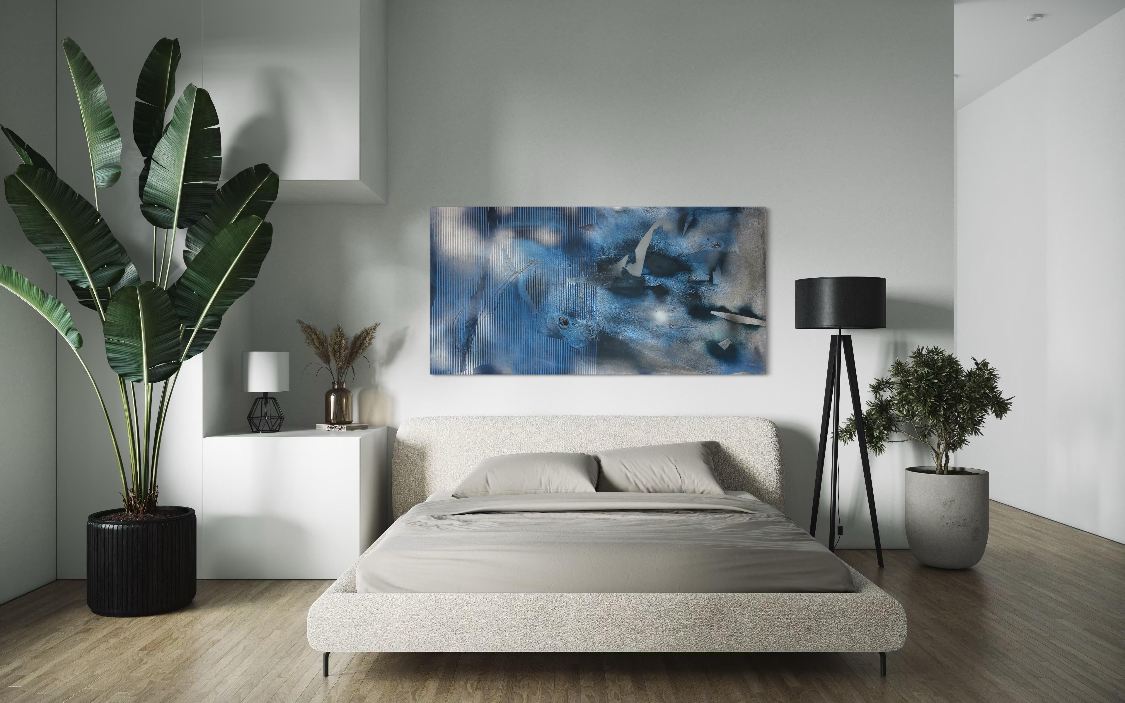 Sateen X2 (blau schillernde, gestische, abstrakte Gittermalerei mit indigo-grauer Textur) im Angebot 5