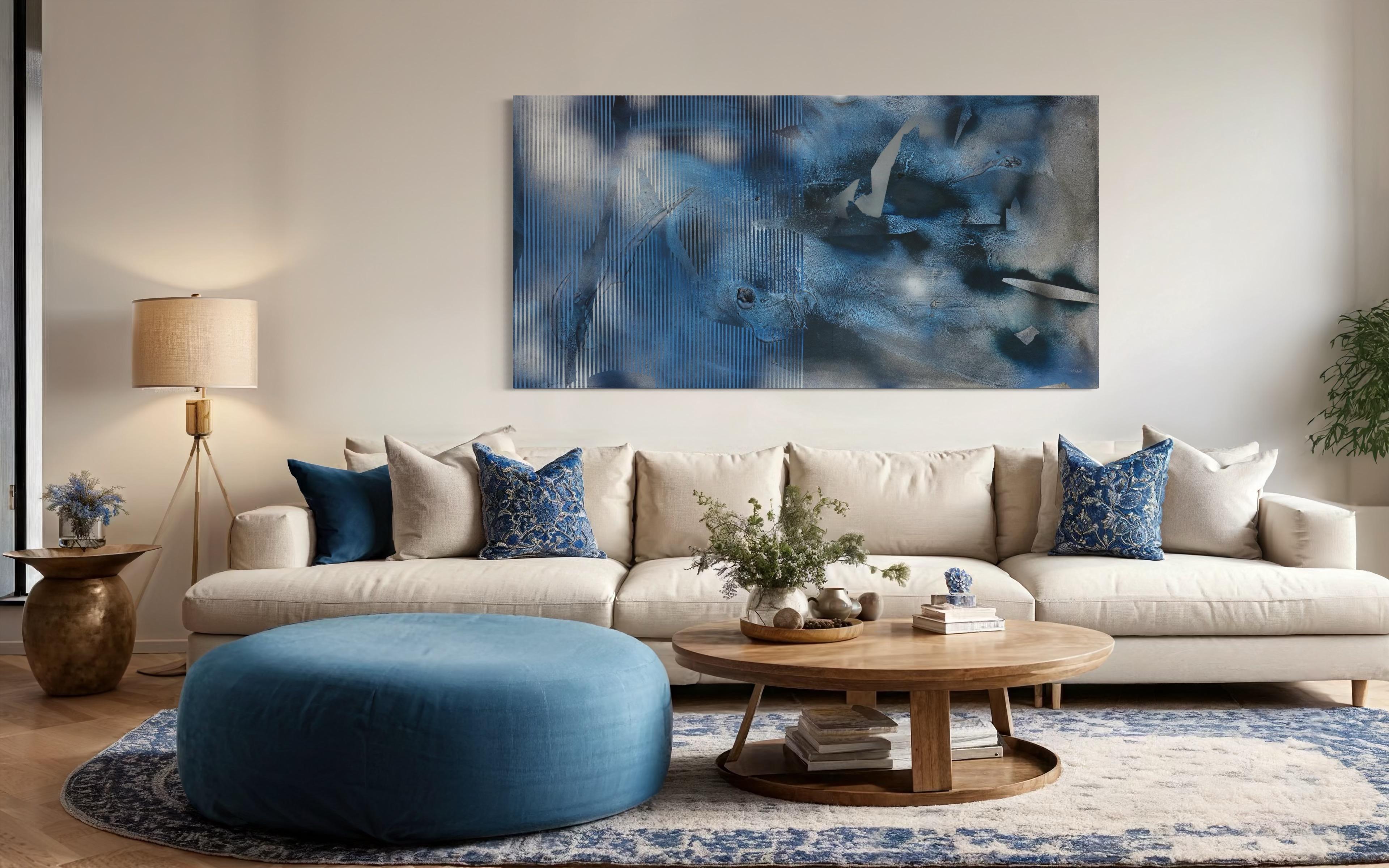 Sateen X2 (blau schillernde, gestische, abstrakte Gittermalerei mit indigo-grauer Textur) im Angebot 6