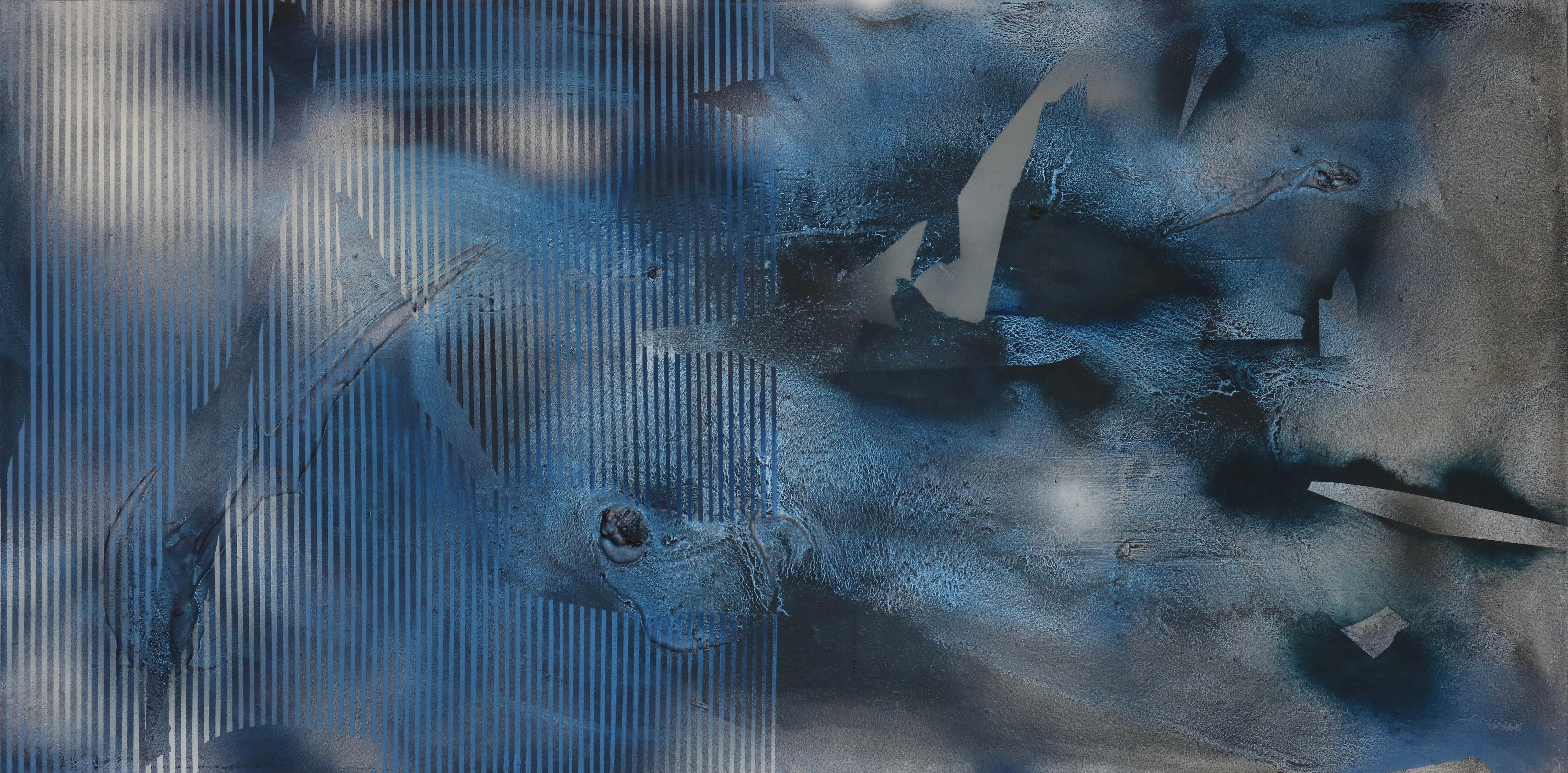 Sateen X2 (iridescent blue gestural abstract grid painting indigo grey texture) - Mixed Media Art by Melisa Taylor Metzger