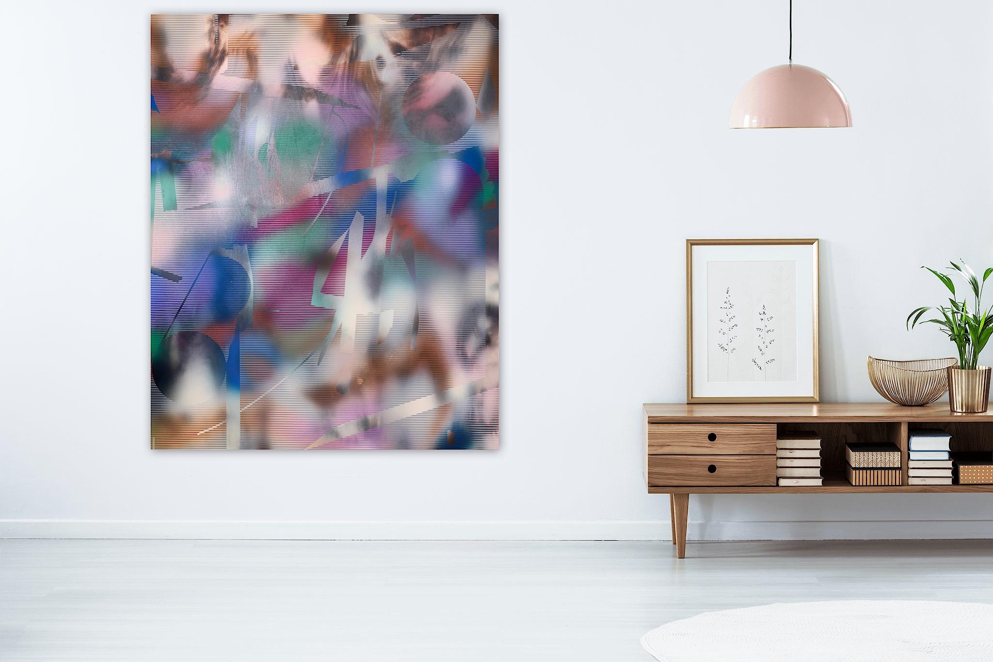 Écran 2022.3 (grille peinture abstraite Wood Contemporary vivid colors optical art - Géométrique abstrait Painting par Melisa Taylor Metzger