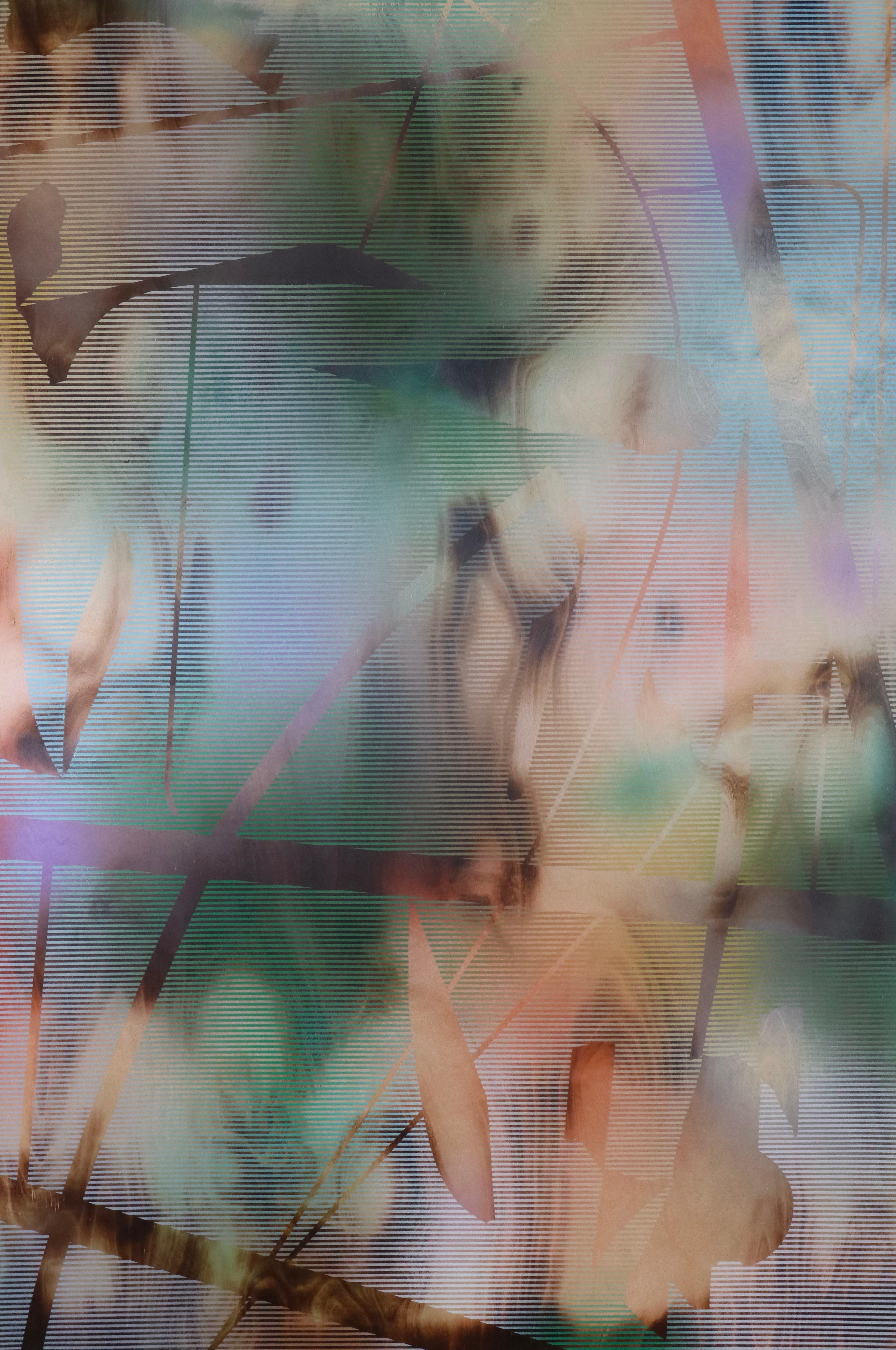 Abstract Painting de Melisa Taylor Metzger - Pantalla 2023.9 vertical (cuadrícula verde pintura abstracta madera naturaleza orgánica óptica