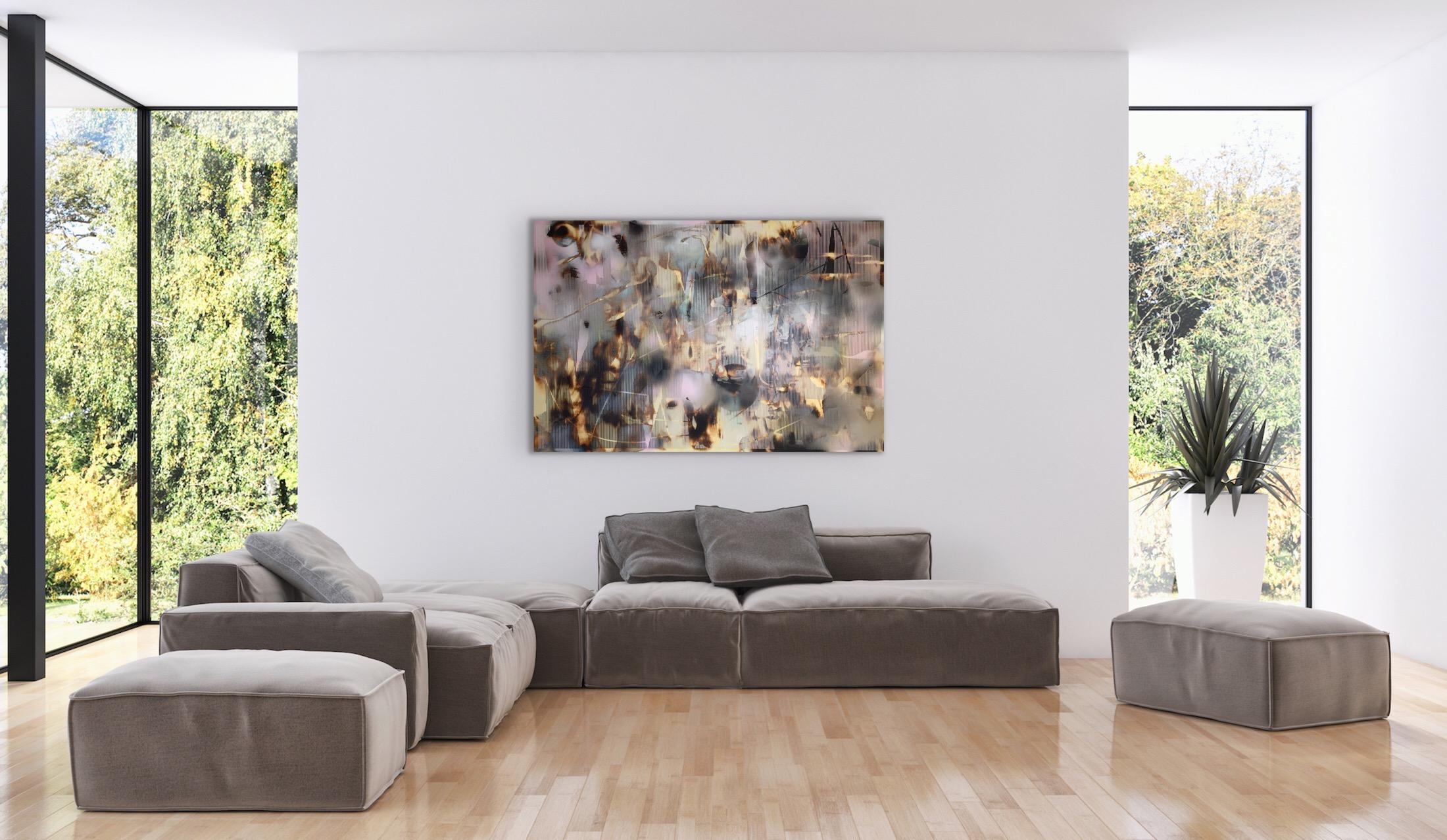Screen tbd1 (abstract grid wood painting contemporary neutrals natural motifs) - Gray Abstract Painting by Melisa Taylor Metzger