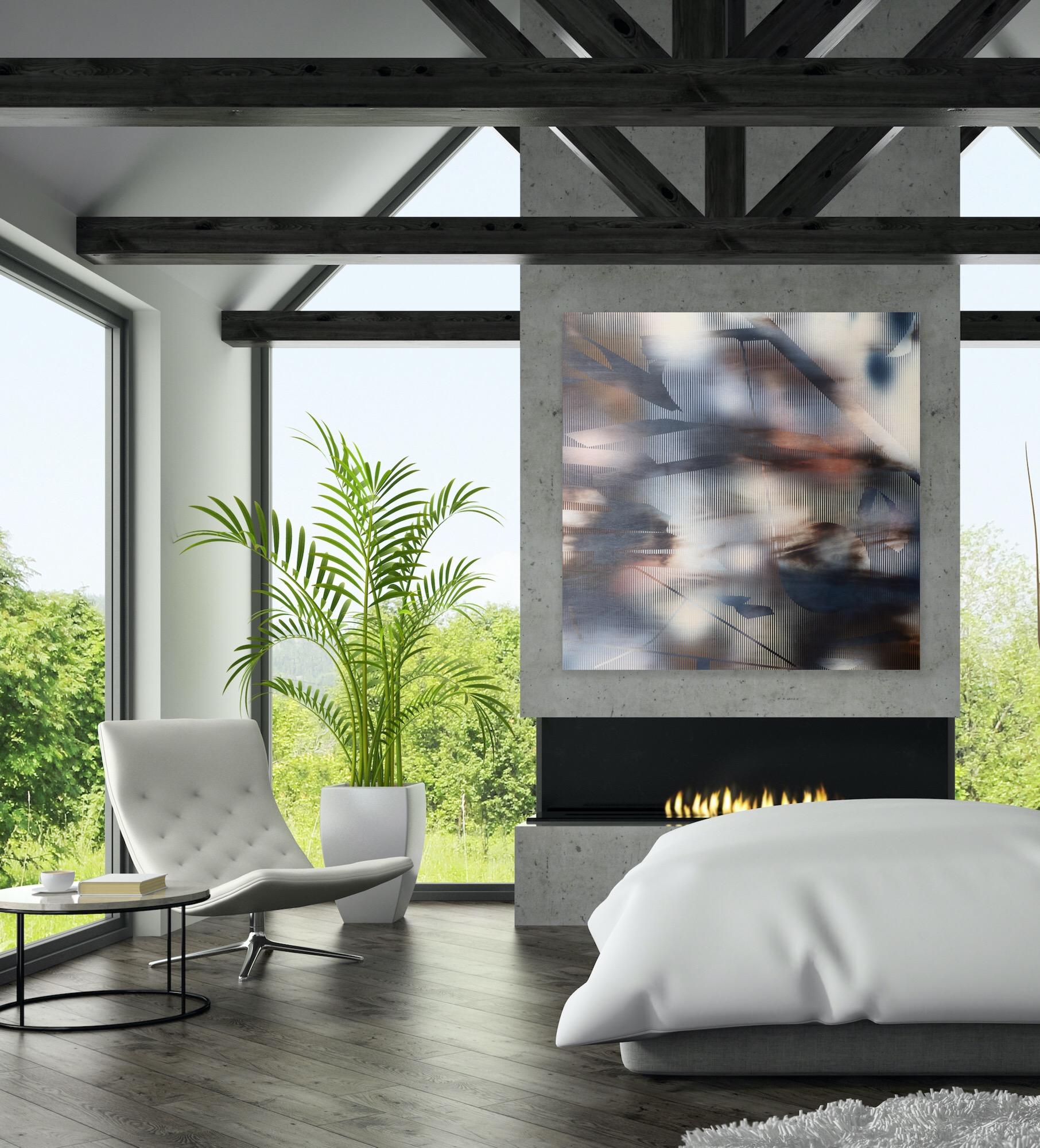 Bildschirm tbd13  ( Quadratisches, dunkel-indigoblaues Raster-Gemälde, abstraktes Holz, geometrisch) im Angebot 1