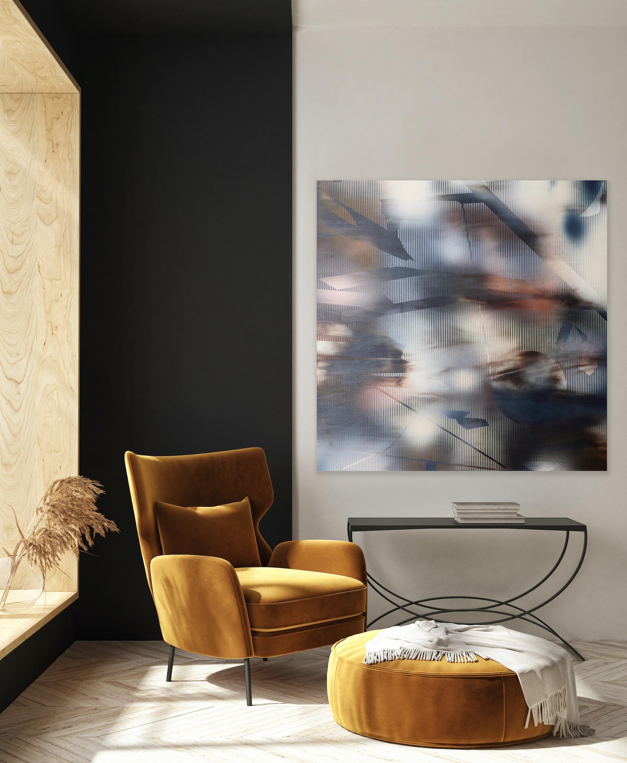 Bildschirm tbd13  ( Quadratisches, dunkel-indigoblaues Raster-Gemälde, abstraktes Holz, geometrisch) im Angebot 2