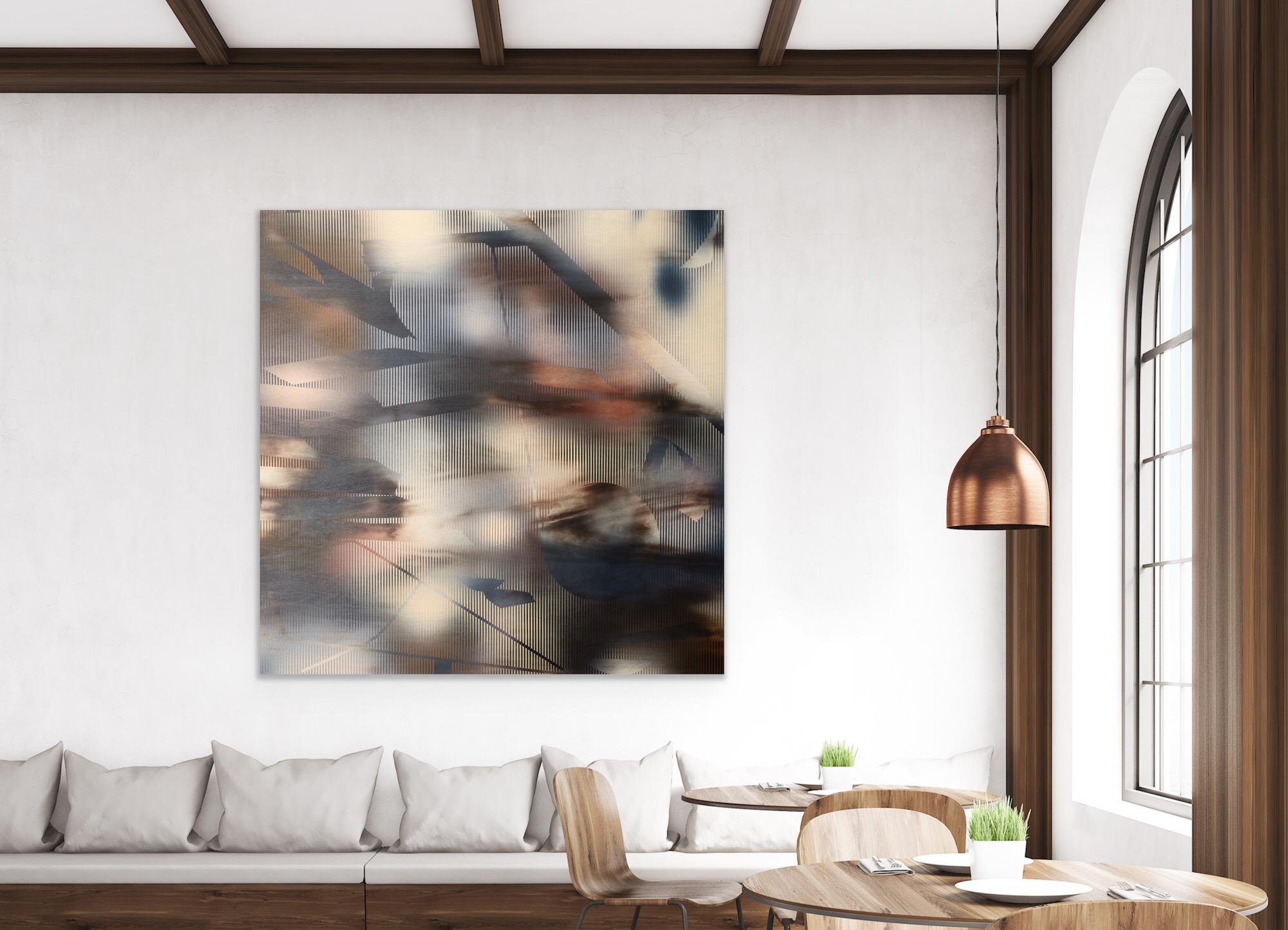 Écran tbd13  (peinture carrée géométrique en bois abstrait rose pâle à grille déco) - Géométrique abstrait Painting par Melisa Taylor Metzger