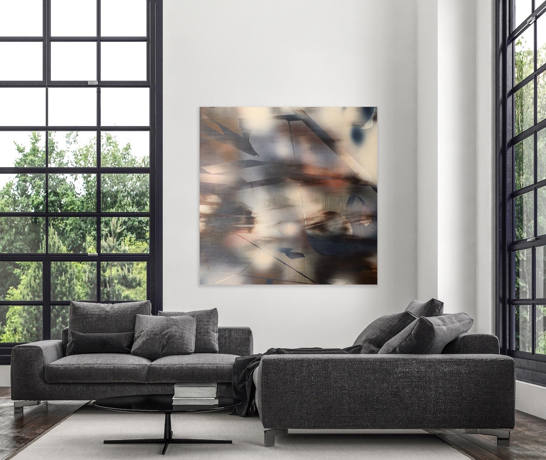 Écran tbd13  (peinture carrée géométrique en bois abstrait rose pâle à grille déco) - Gris Abstract Painting par Melisa Taylor Metzger