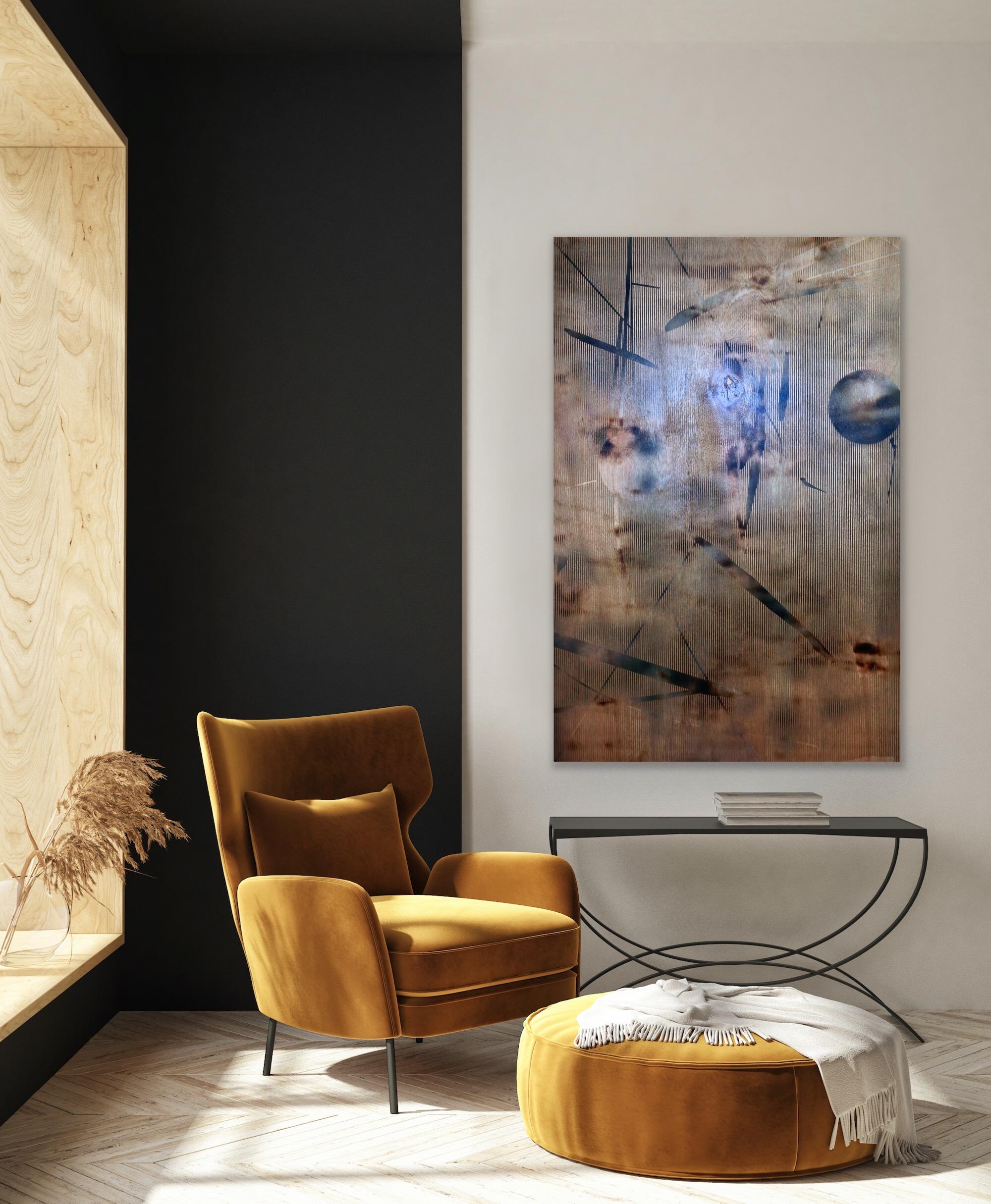 Screen tbd3 (abstract grid wood painting contemporary neutrals natural motifs) - Painting by Melisa Taylor Metzger