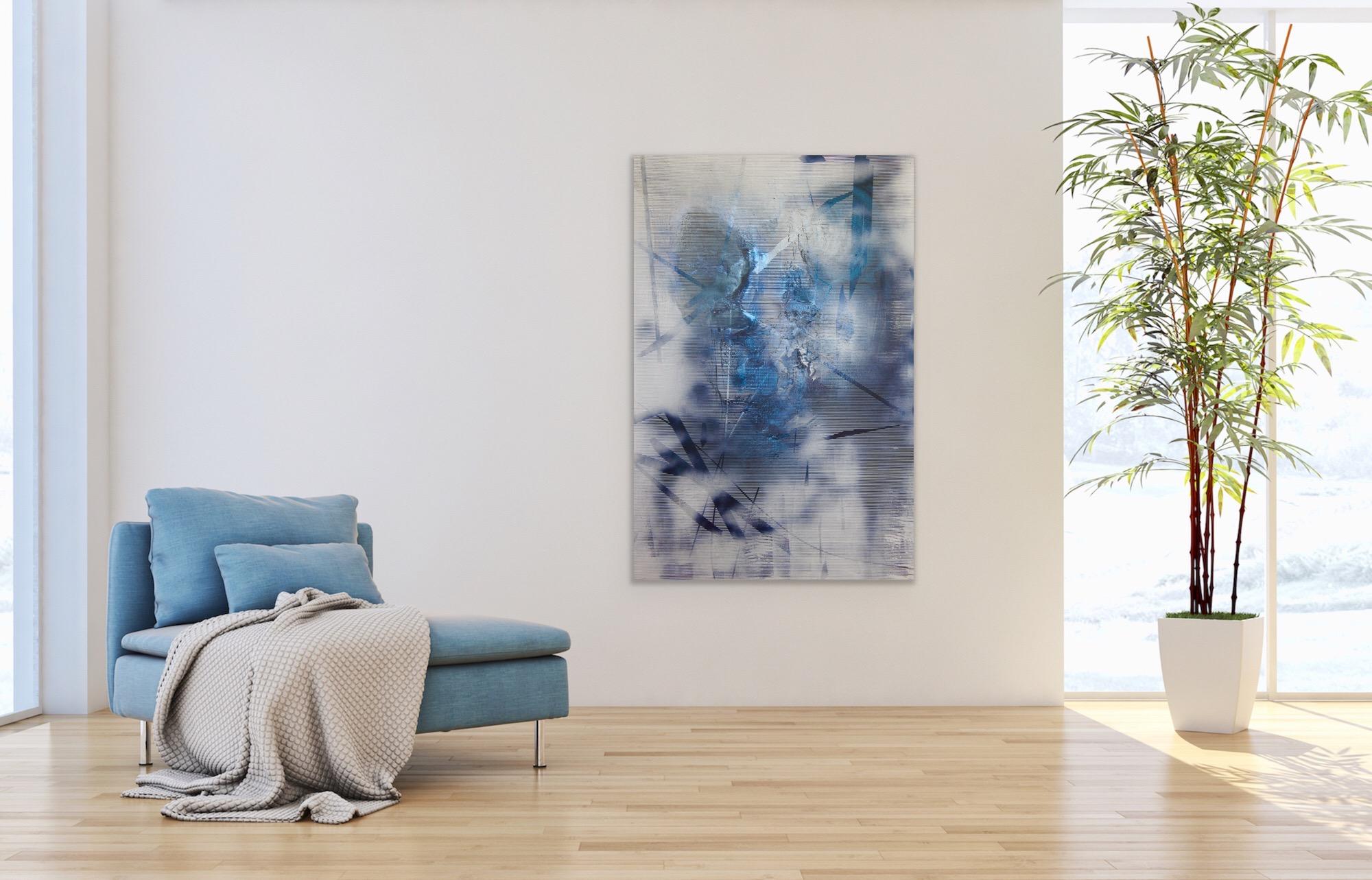 Bildschirm tbd4 (abstrakte Gittermalerei zeitgenössische blaue weiße atmosphärische Kunst) (Geometrische Abstraktion), Mixed Media Art, von Melisa Taylor Metzger