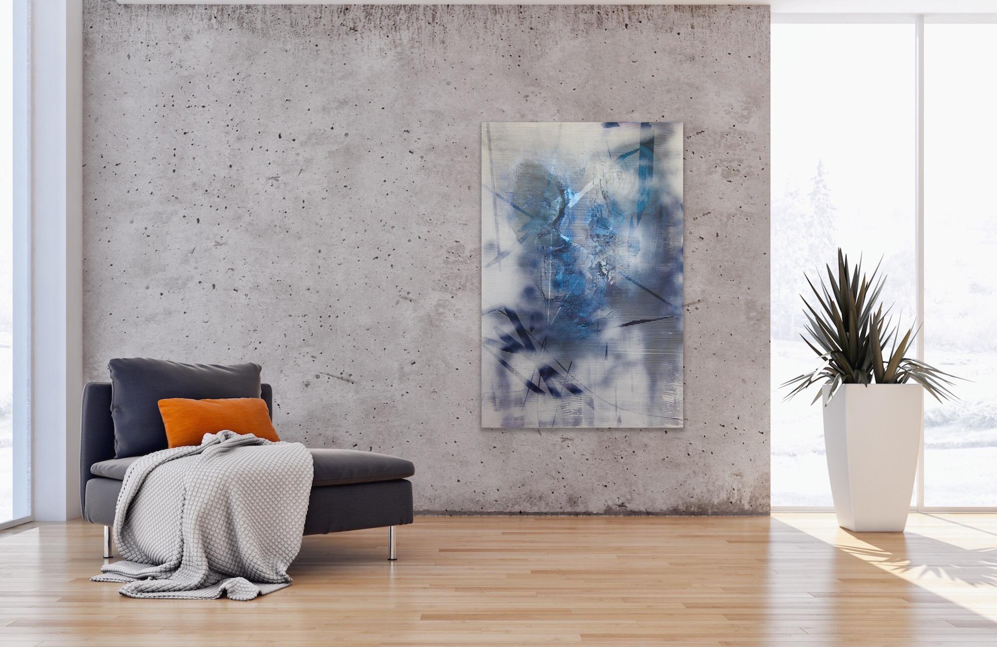Bildschirm tbd4 (abstrakte Gittermalerei zeitgenössische blaue weiße atmosphärische Kunst) im Angebot 1