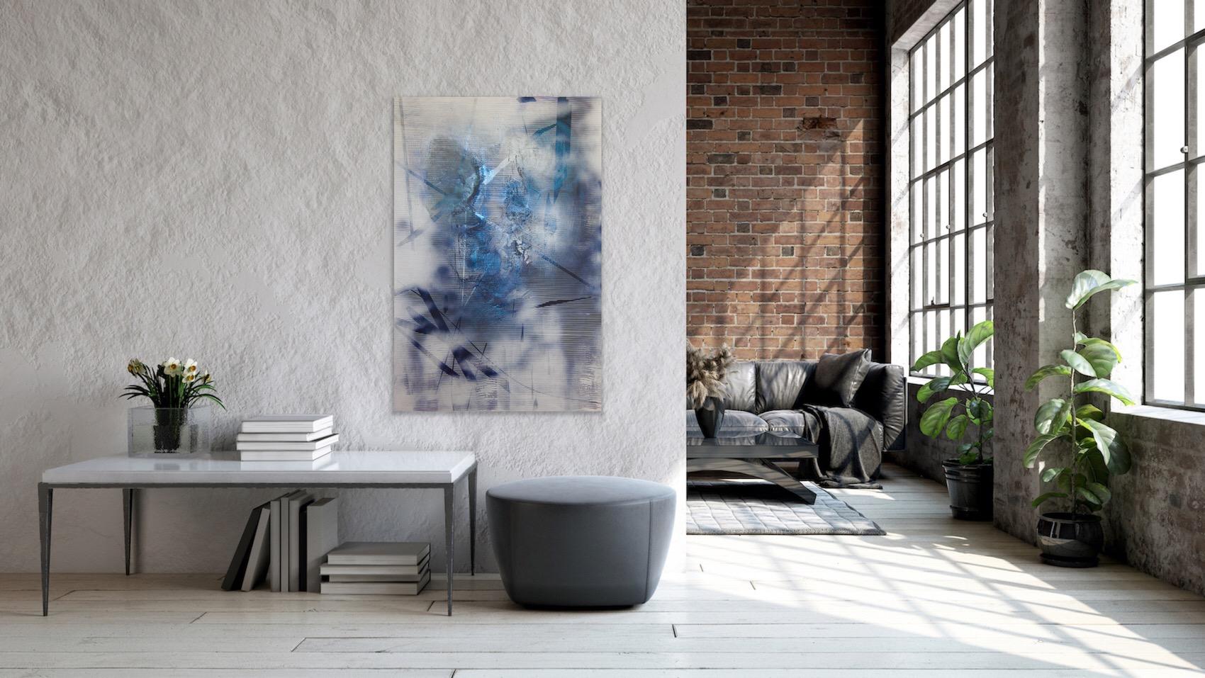 Screen tbd4 (abstract grid painting contemporary blue white atmospheric art) For Sale 1