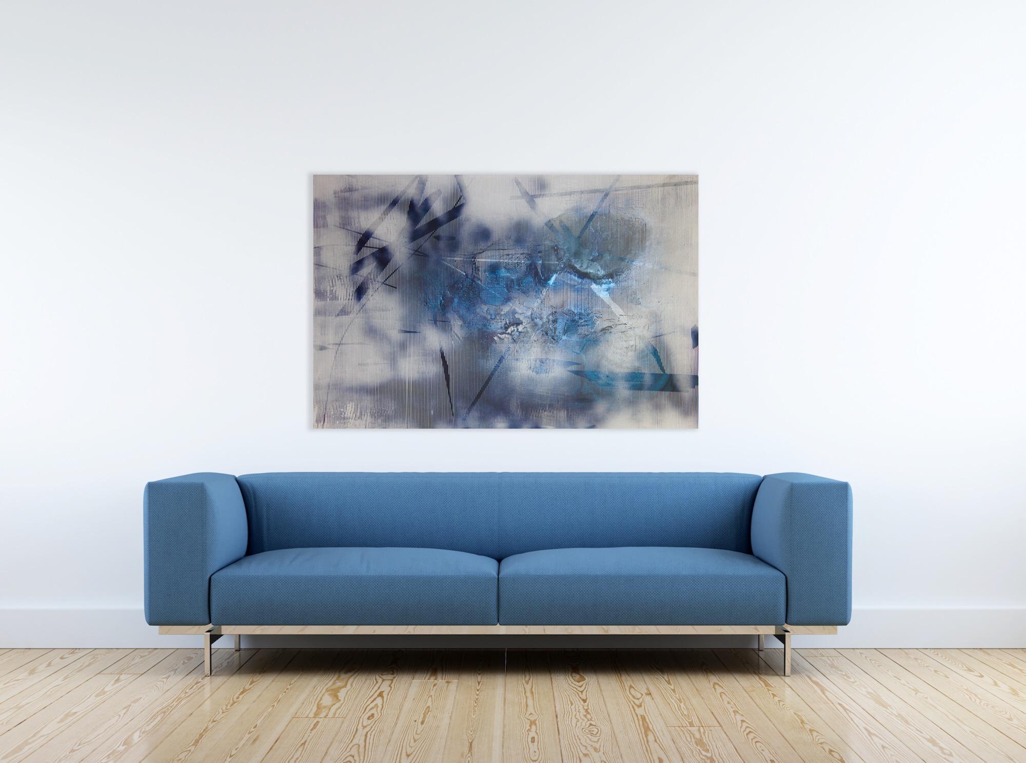 Screen tbd4 (abstract grid painting contemporary blue white atmospheric art) - Abstract Geometric Painting by Melisa Taylor Metzger