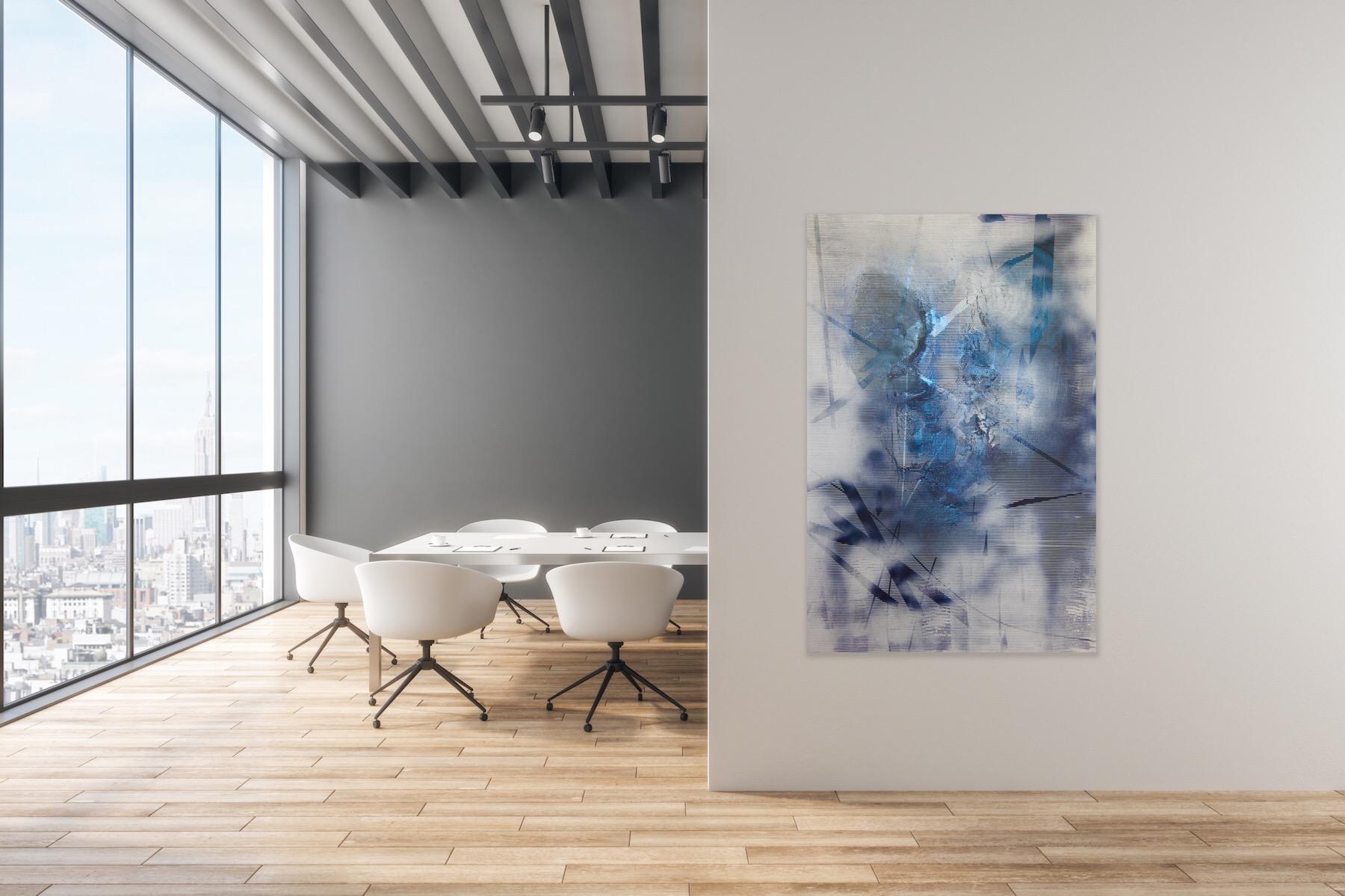 Bildschirm tbd4 (abstrakte Gittermalerei zeitgenössische blaue weiße atmosphärische Kunst) im Angebot 3