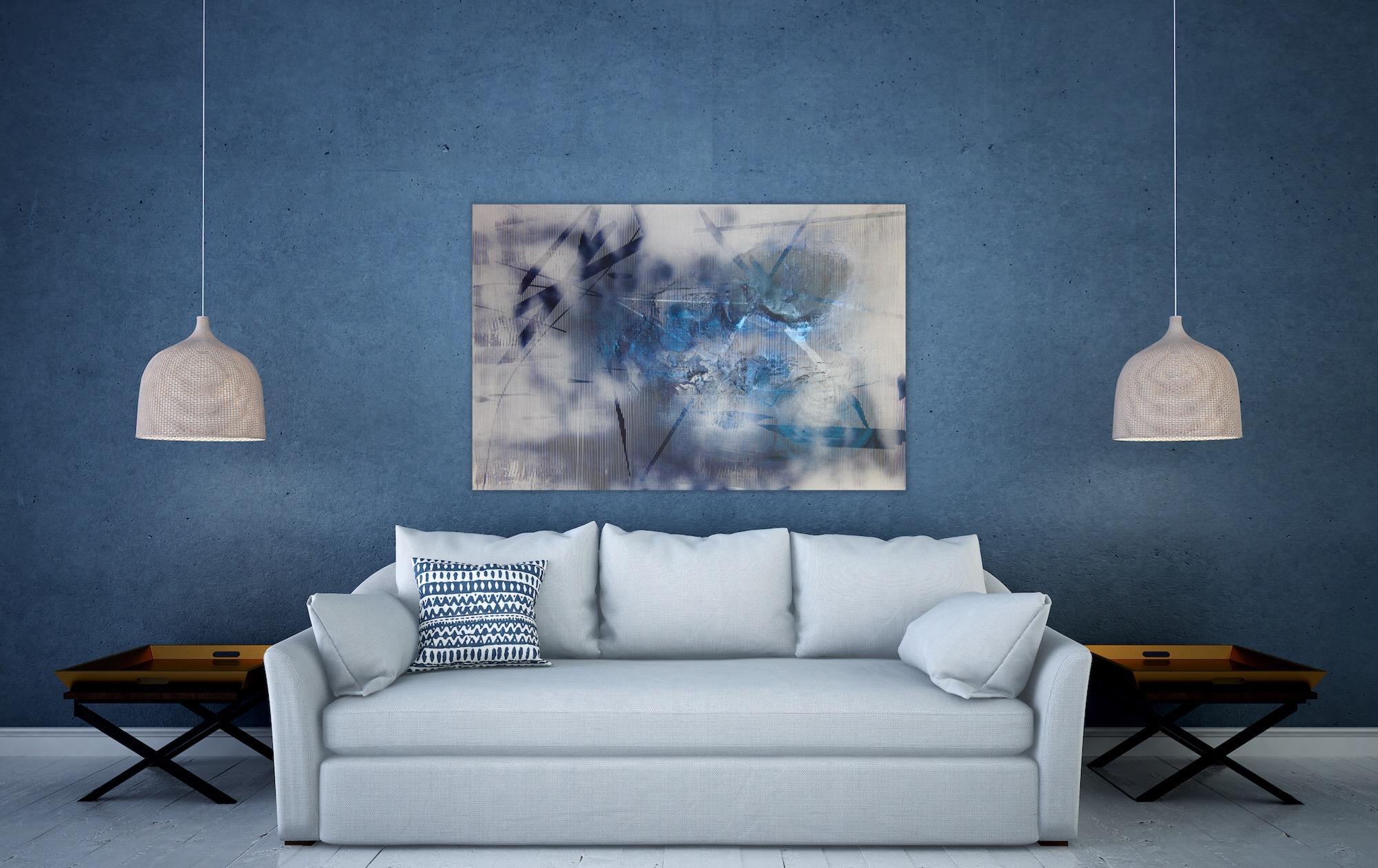 Screen tbd4 (abstract grid painting contemporary blue white atmospheric art) - Gray Abstract Painting by Melisa Taylor Metzger