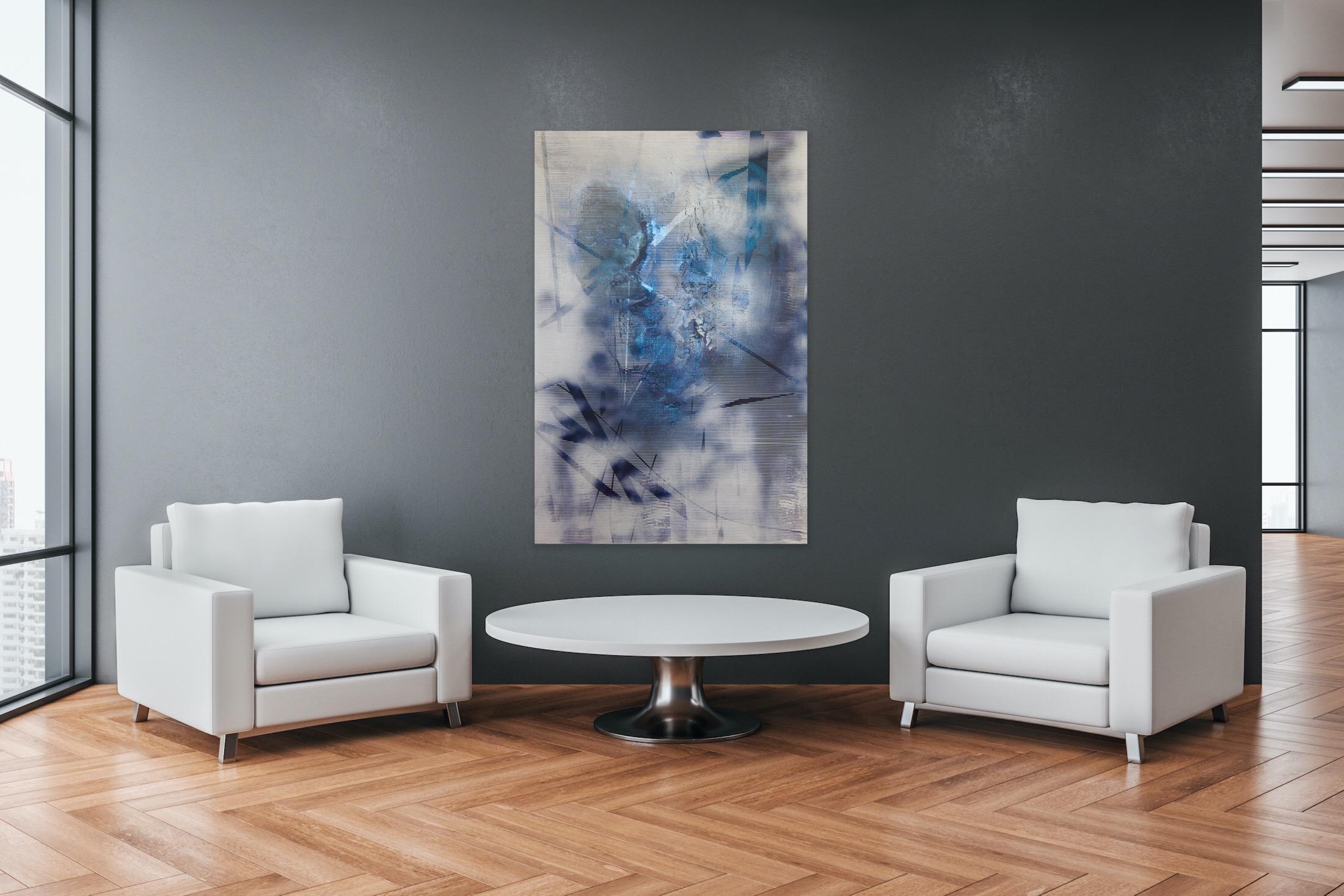 Screen tbd4 (abstract grid painting contemporary blue white atmospheric art) For Sale 4