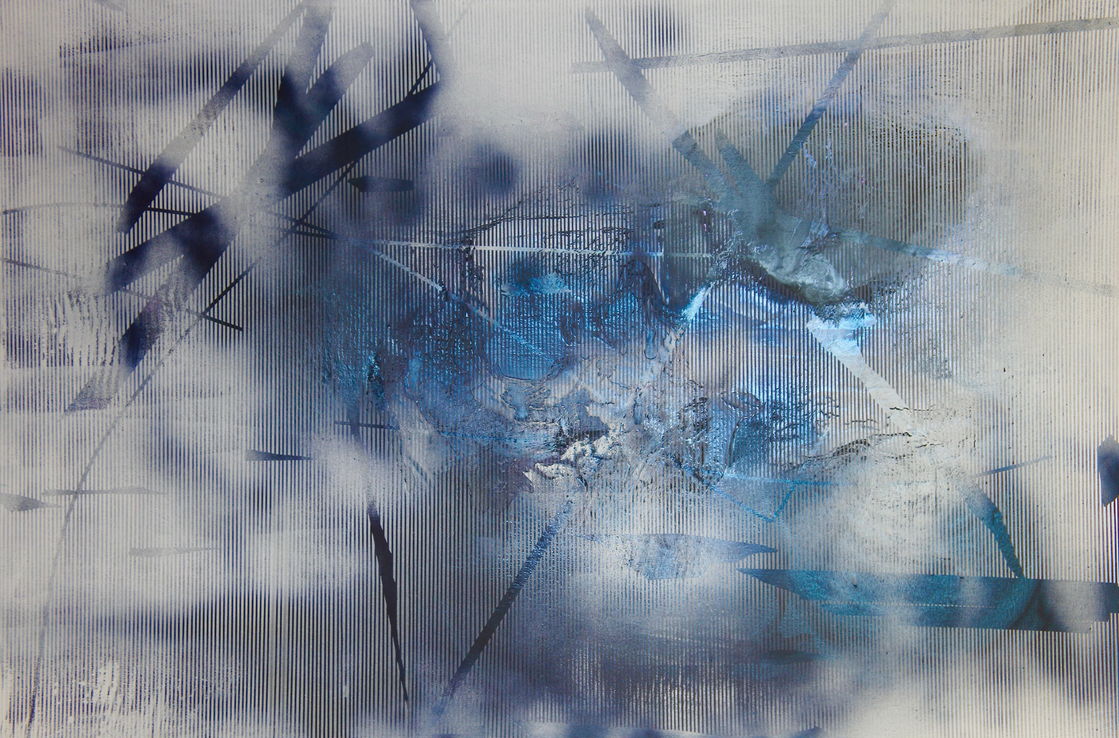 Melisa Taylor Metzger Abstract Painting - Screen tbd4 (abstract grid painting contemporary blue white atmospheric art)