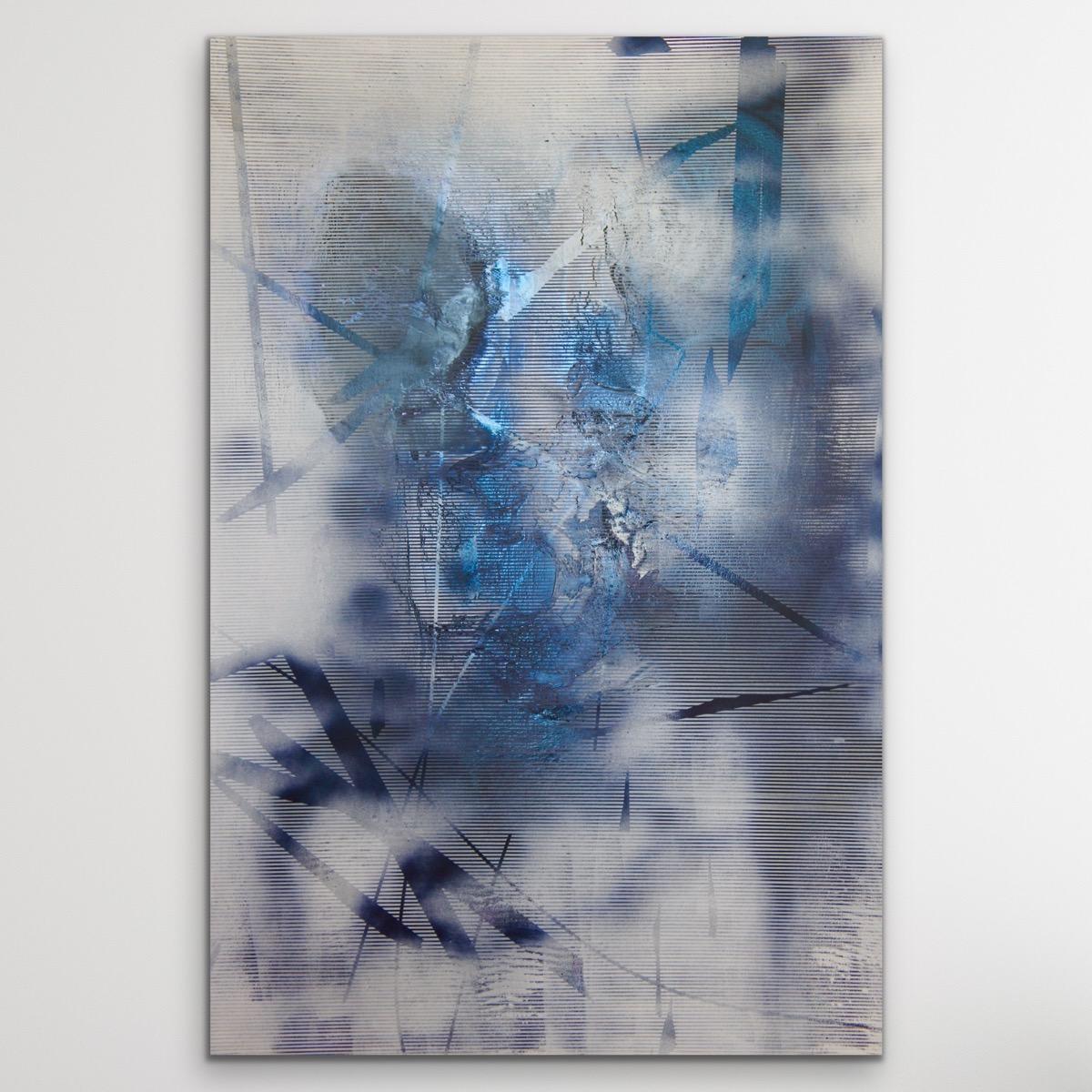 Melisa Taylor Metzger Abstract Painting - Screen tbd4 (abstract grid painting contemporary blue white atmospheric art)