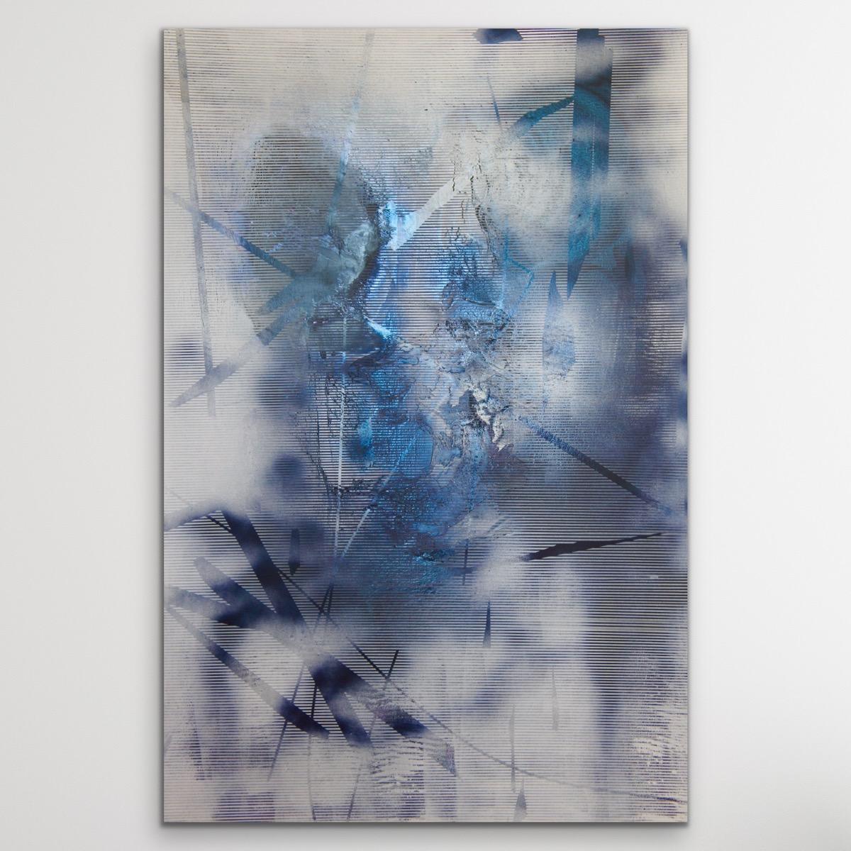 Schermo tbd4 (pittura astratta a griglia contemporanea blu bianco arte d'atmosfera) - Mixed Media Art di Melisa Taylor Metzger