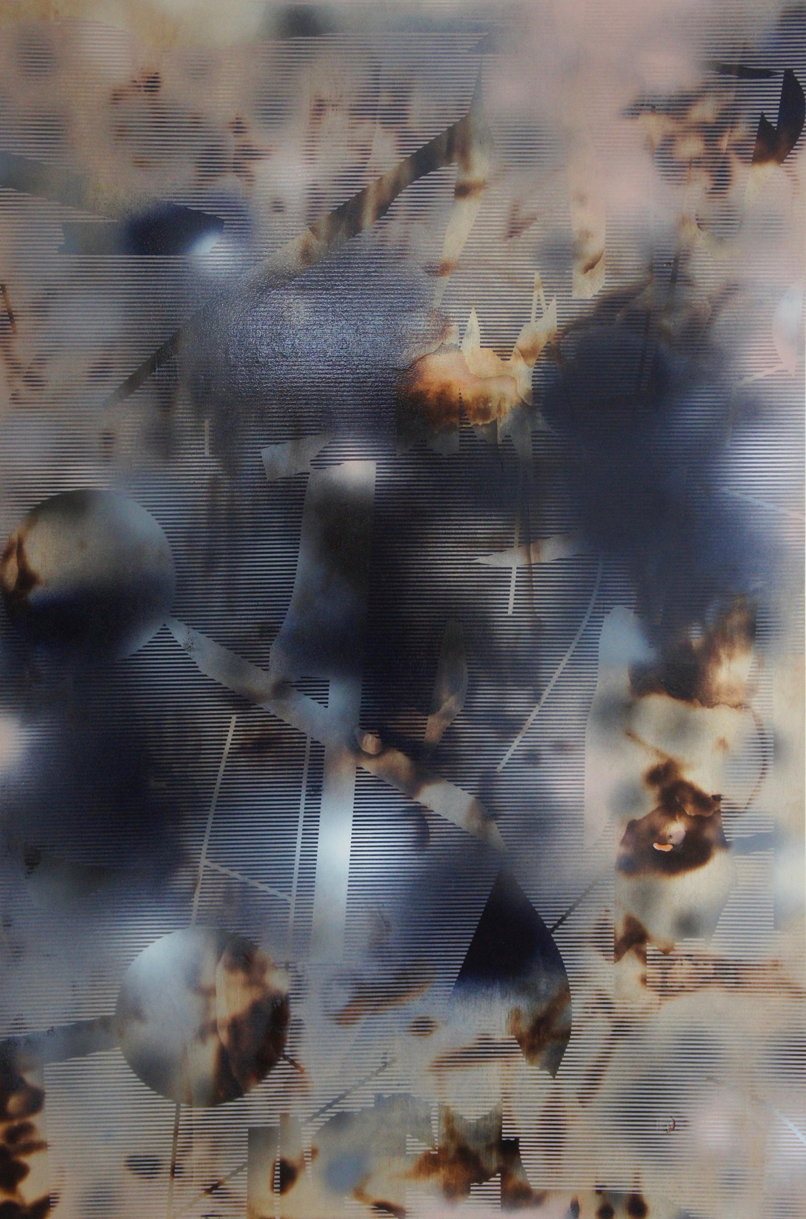 Bildschirm tbd5  (abstrakte Raster-Holzmalerei zeitgenössische neutrale Motive) (Abstrakt), Mixed Media Art, von Melisa Taylor Metzger