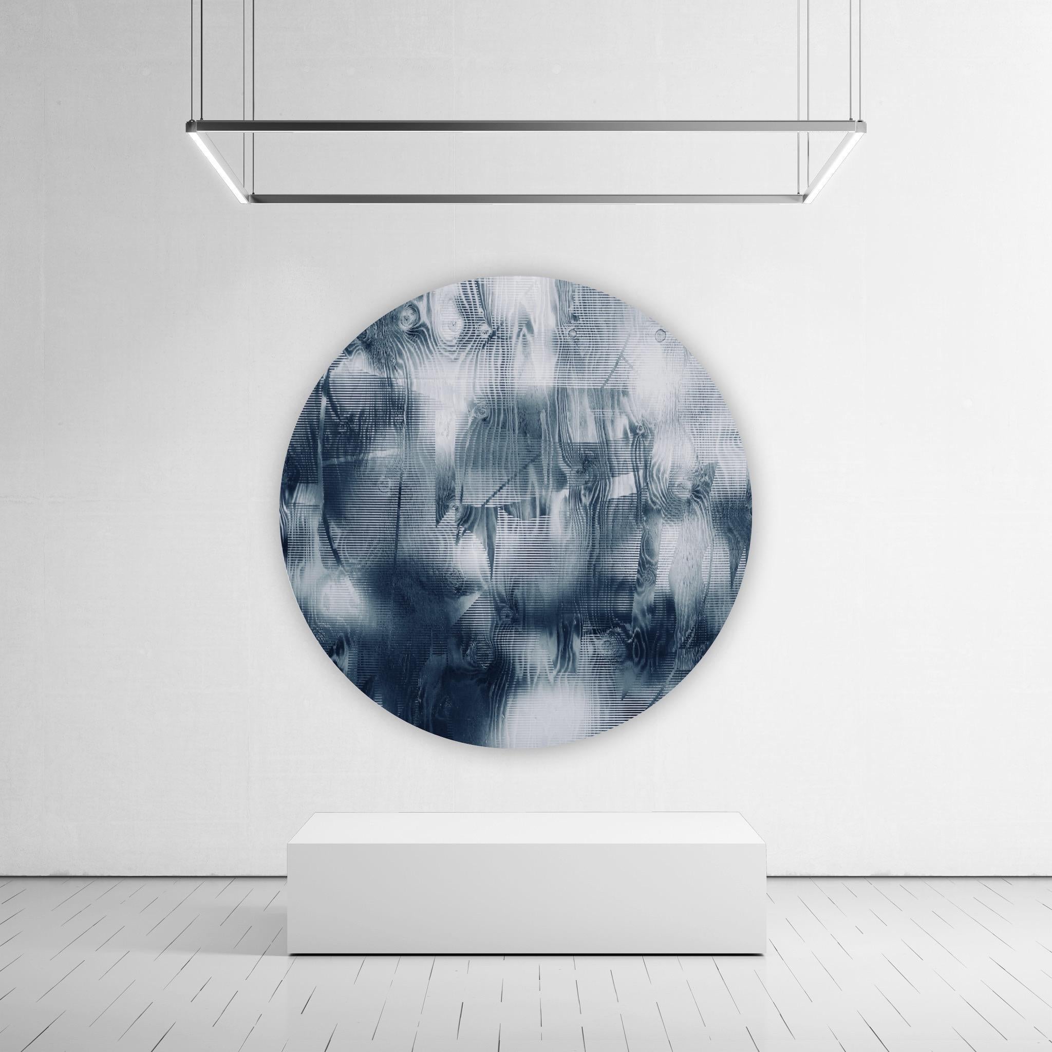 Écran tbd8  (peinture Art déco à grille ronde en jean bleue géométrique abstraite)  - Géométrique abstrait Mixed Media Art par Melisa Taylor Metzger