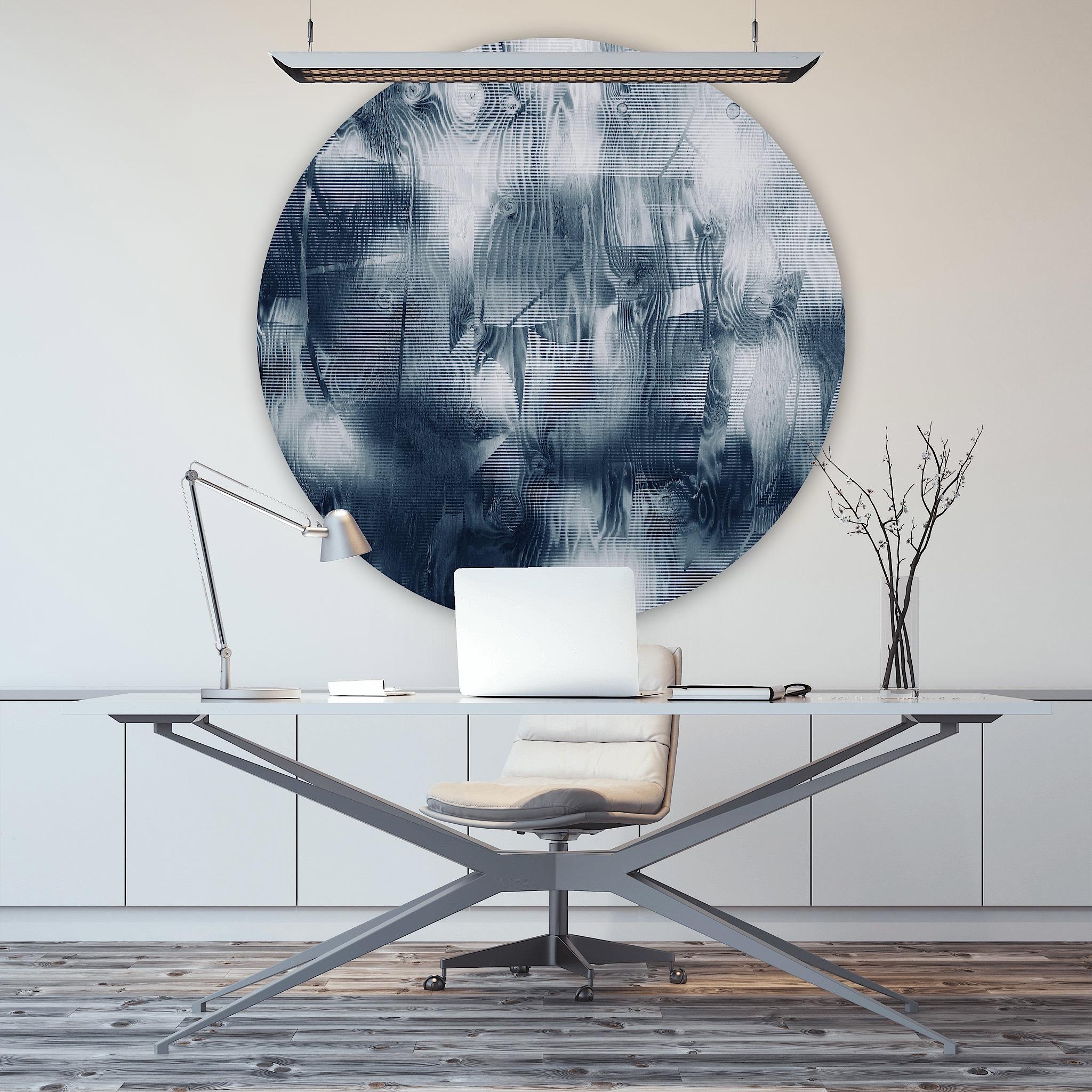 Screen tbd8  (tondo round denim blue grid art deco painting abstract geometric)  - Gray Abstract Painting by Melisa Taylor Metzger