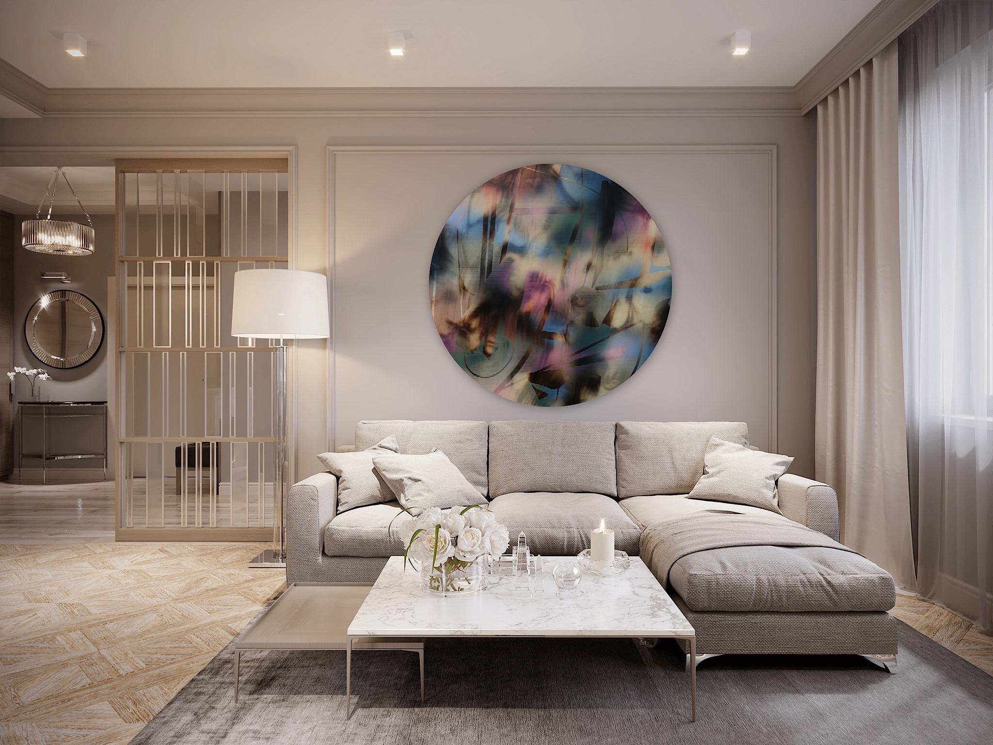 Schermo tondo 2022.6 (tondo rosa nero griglia art deco pittura astratta geometrica) in vendita 6