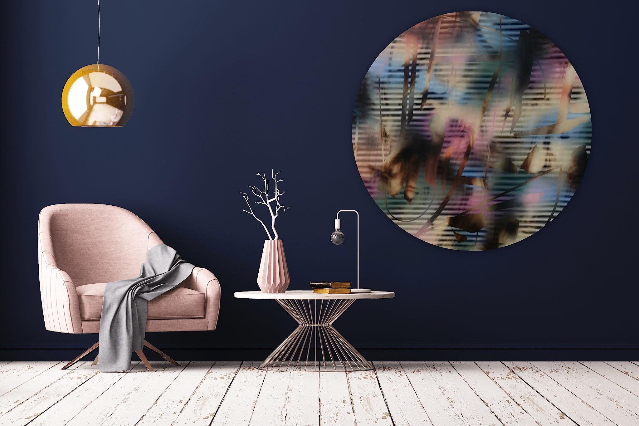 Schermo tondo 2022.6 (tondo rosa nero griglia art deco pittura astratta geometrica) in vendita 1