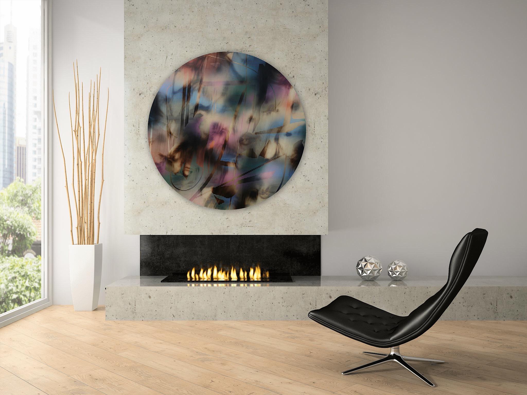 Schermo tondo 2022.6 (tondo rosa nero griglia art deco pittura astratta geometrica) in vendita 2