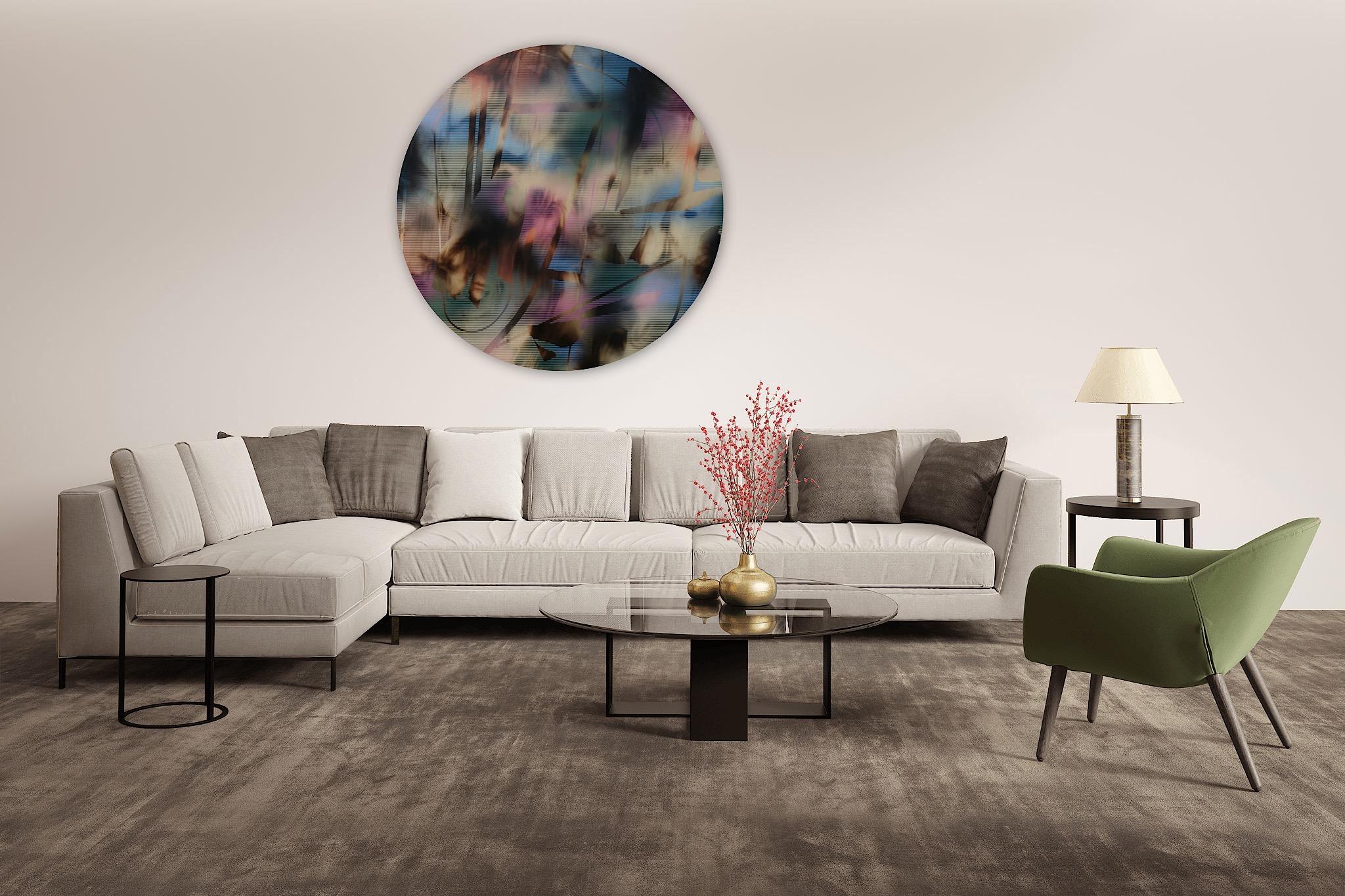 Schermo tondo 2022.6 (tondo rosa nero griglia art deco pittura astratta geometrica) in vendita 4