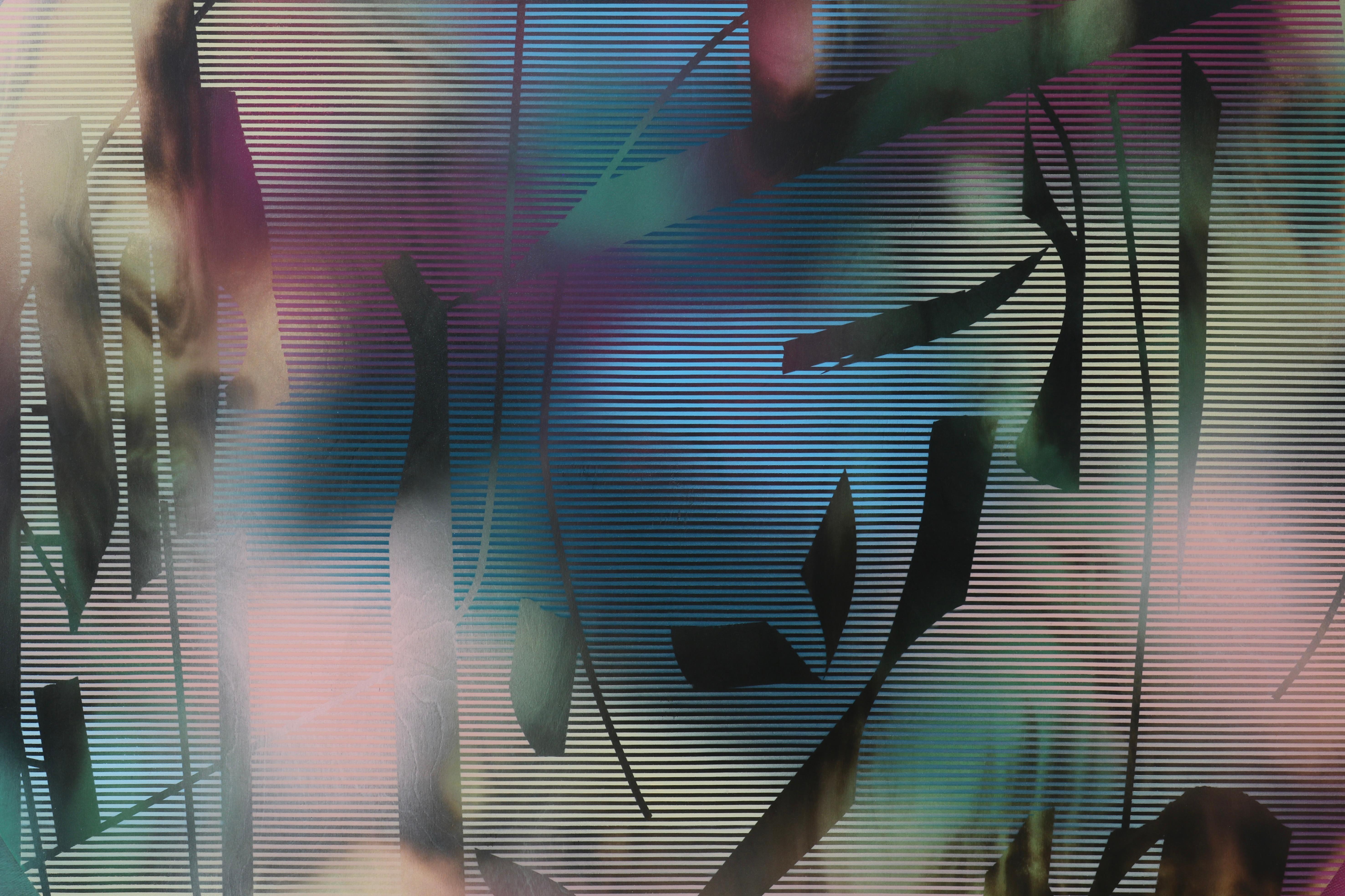 Screen tondo 2022.7 (abstrakte geometrisches Art-déco-Gemälde mit rundem rosa-grünem Raster) (Geometrische Abstraktion), Mixed Media Art, von Melisa Taylor Metzger