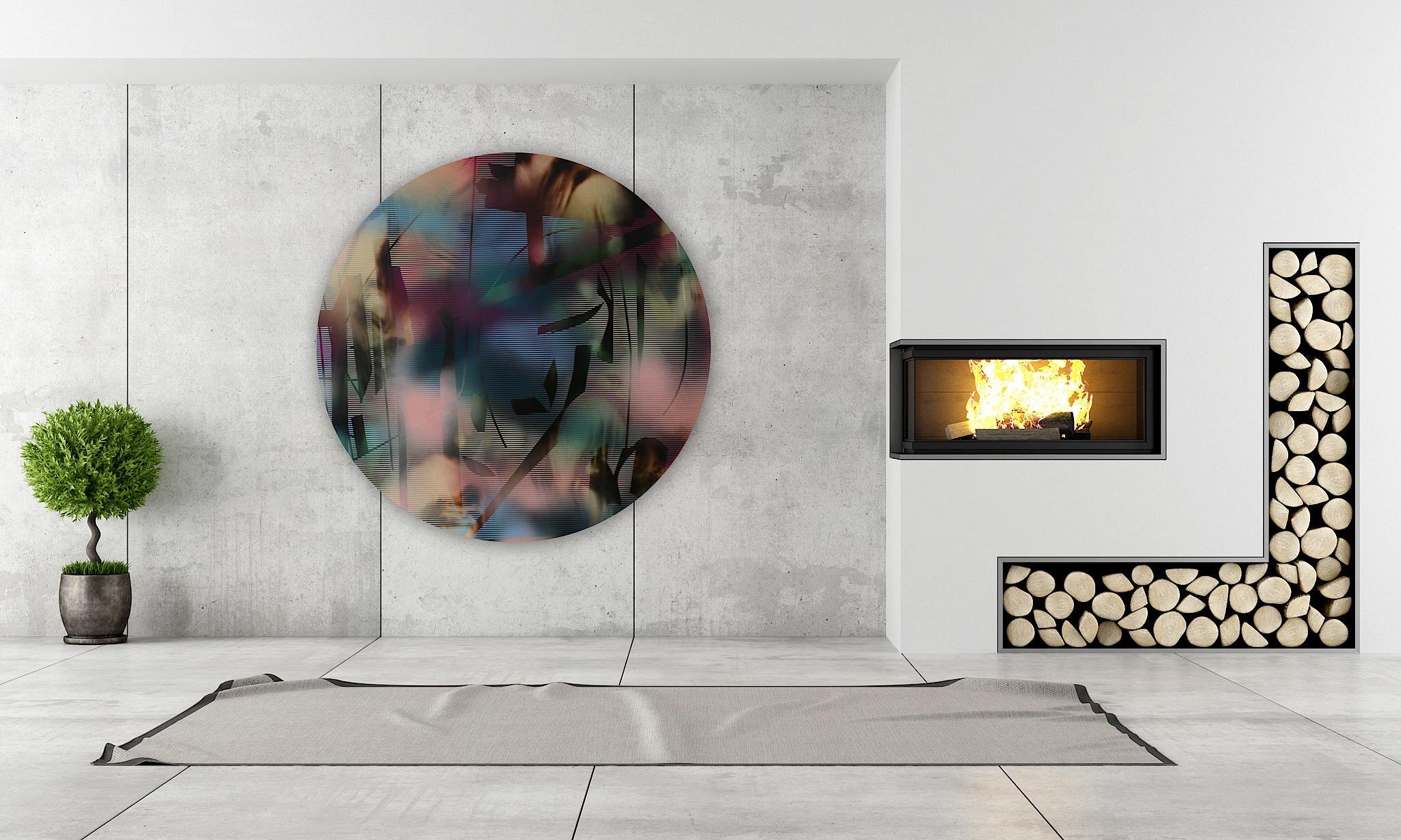 Screen tondo 2022.7 (abstrakte geometrisches Art-déco-Gemälde mit rundem rosa-grünem Raster) im Angebot 1