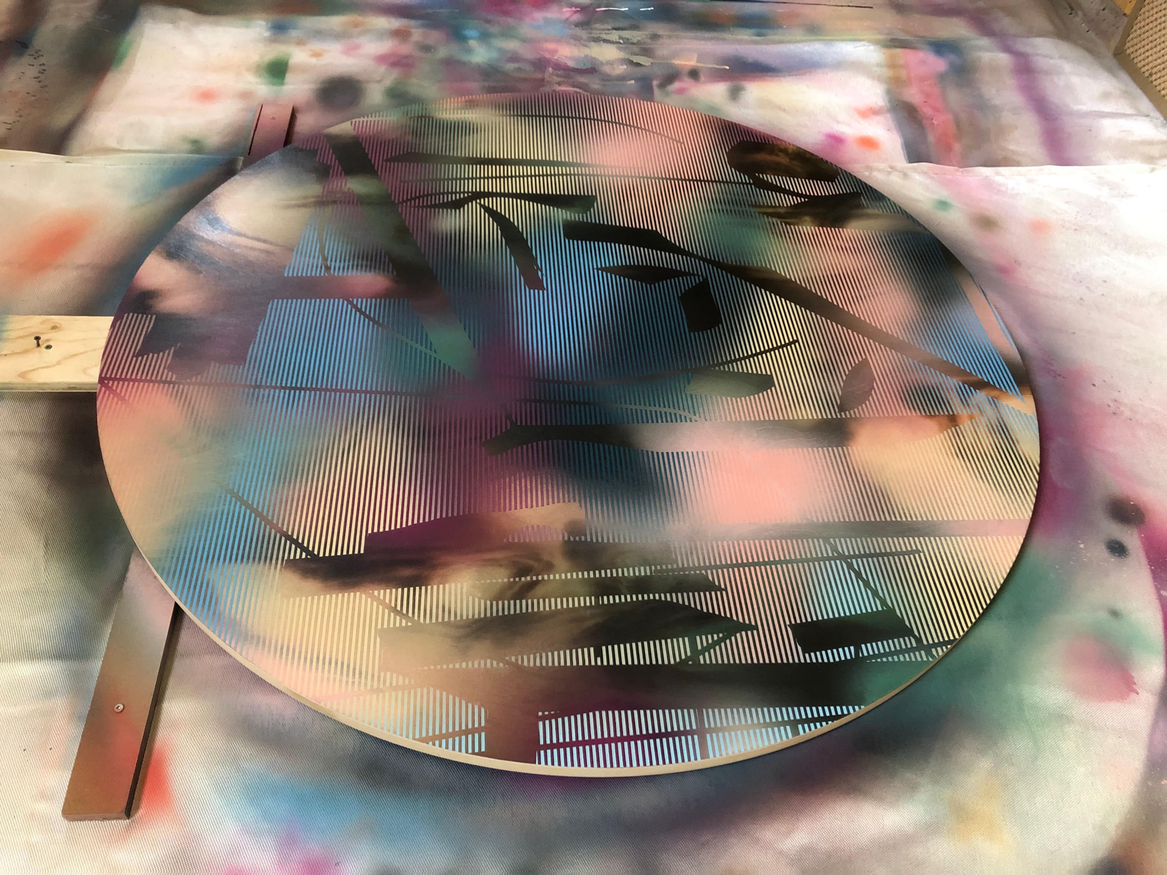 Screen tondo 2022.7 (umgekehrtes rosa-grünes Raster Art-Déco-Gemälde abstrakt-Geometrisch) im Angebot 1