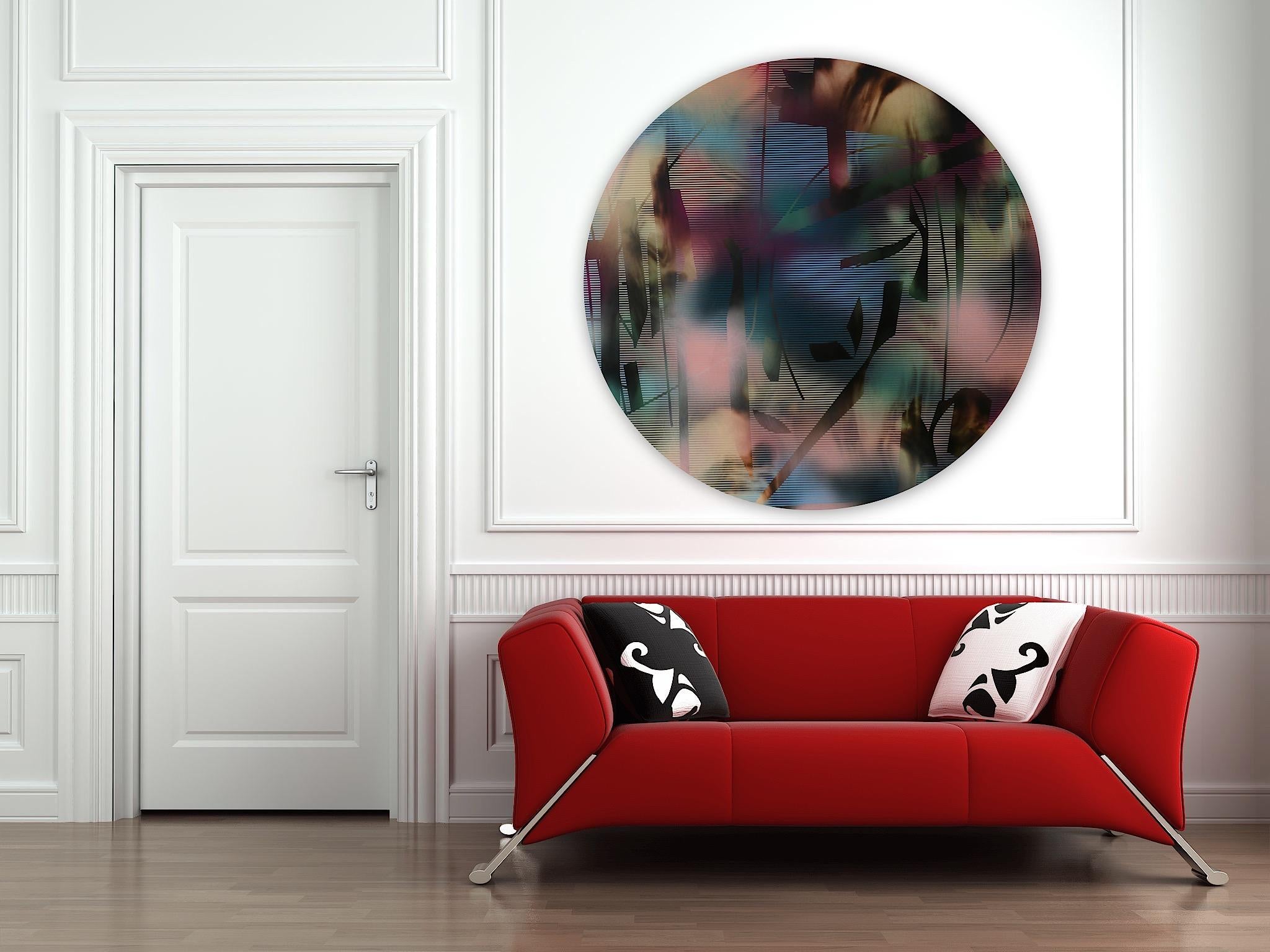 Screen tondo 2022.7 (abstrakte geometrisches Art-déco-Gemälde mit rundem rosa-grünem Raster) im Angebot 4