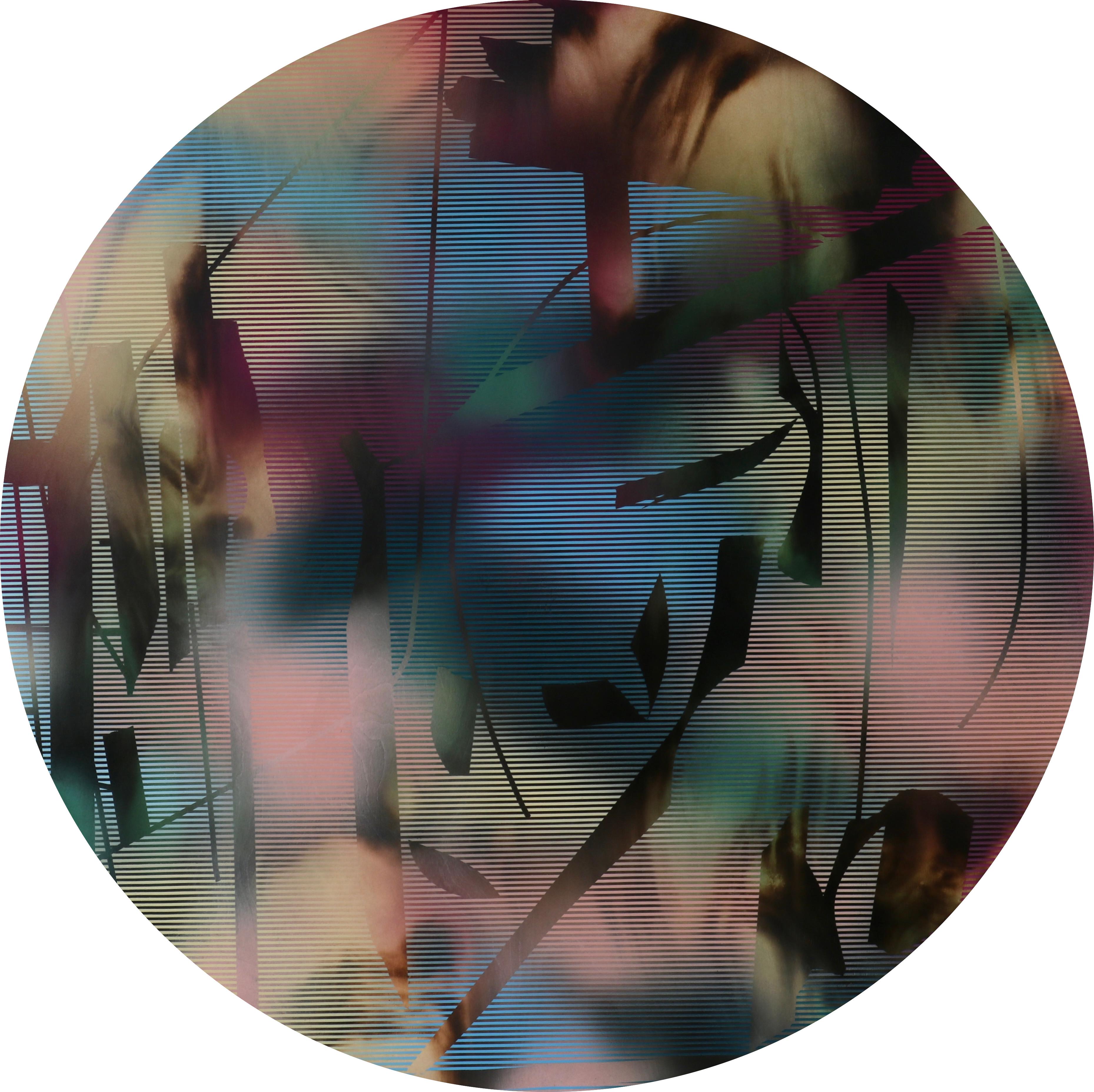 Screen tondo 2022.7 (abstrakte geometrisches Art-déco-Gemälde mit rundem rosa-grünem Raster) – Mixed Media Art von Melisa Taylor Metzger