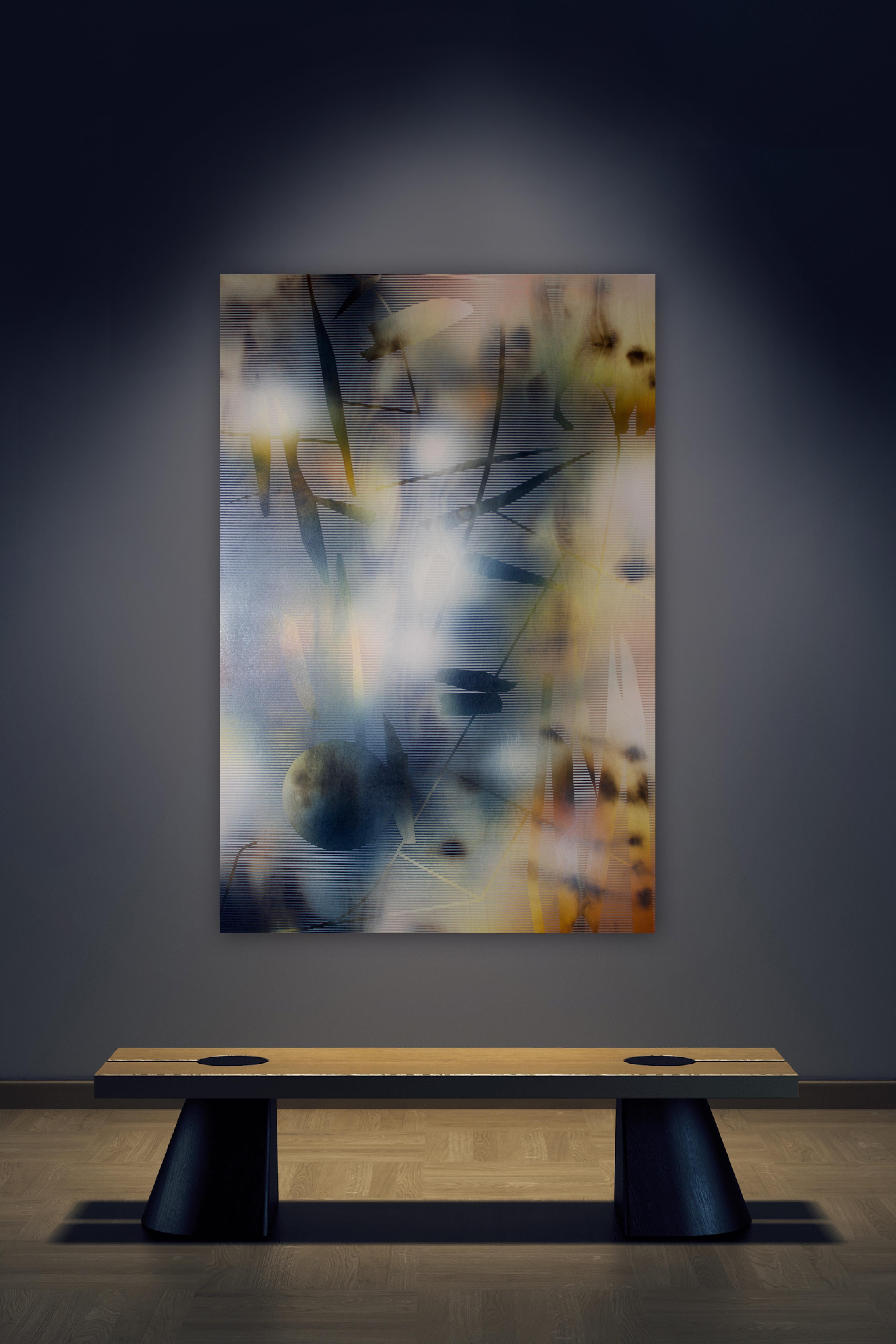 Ship1  ( giallo oro Navy indaco griglia pittura deco astratto legno geometrico) - Abstract Painting Grigio di Melisa Taylor Metzger