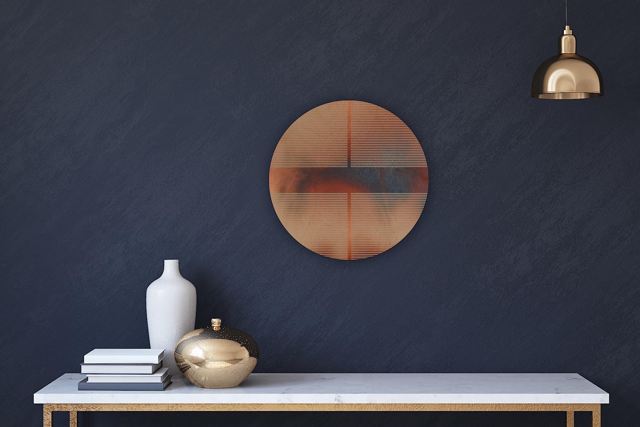 Smoked paprika pill (orange minimalistisches rundes Gemälde auf Holz dopamine) (Geometrische Abstraktion), Painting, von Melisa Taylor Metzger