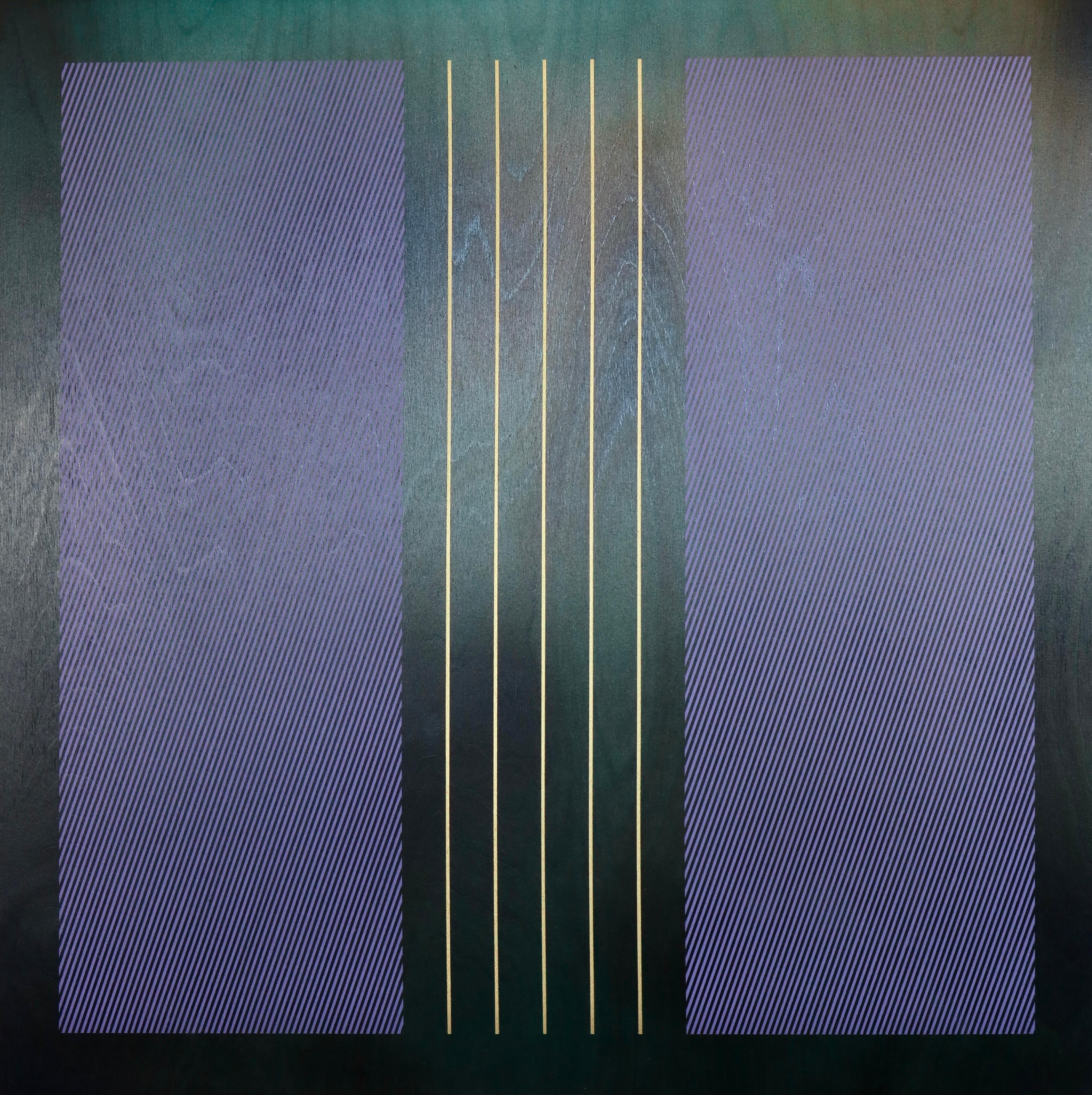 Quadratische Mangata 2024.1 (evergrün, lila, lavendel, minimales Raster, goldene Streifen) – Mixed Media Art von Melisa Taylor Metzger