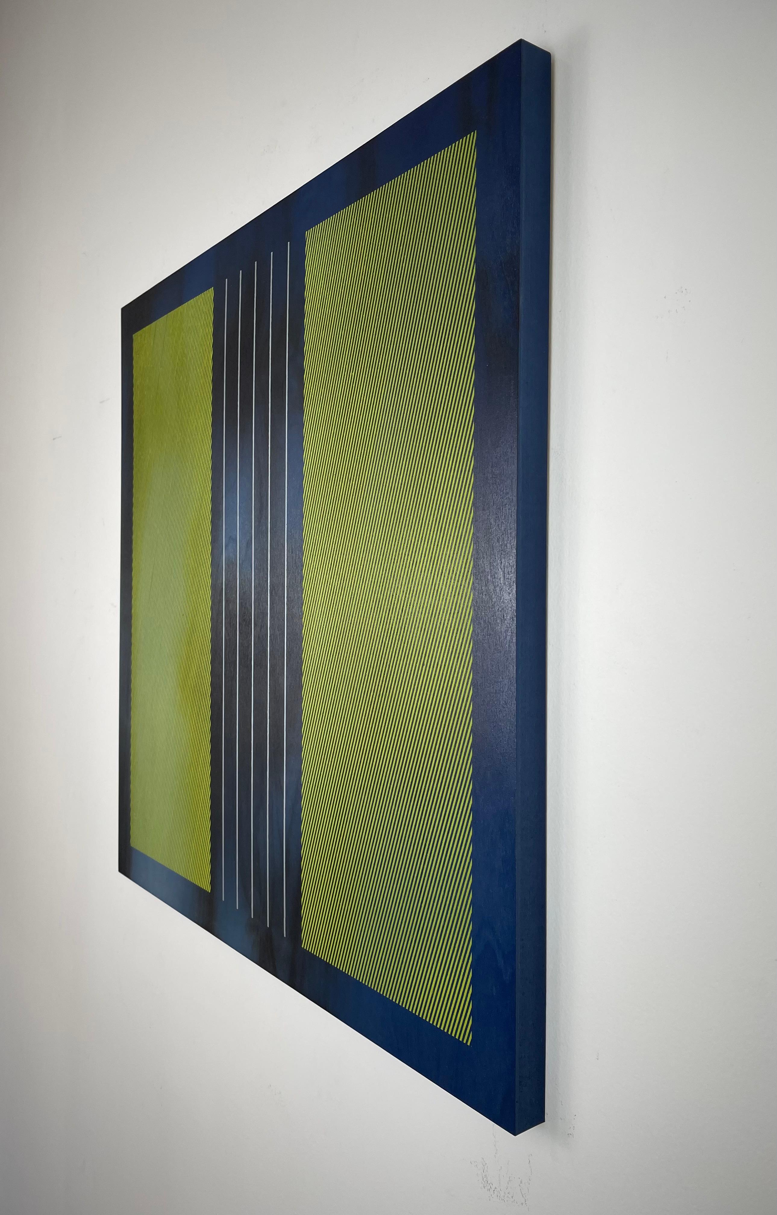 Square Mangata 2024.2 (lemon yellow grid, Navy blue, minimal, silver stripes) - Minimalist Mixed Media Art by Melisa Taylor Metzger