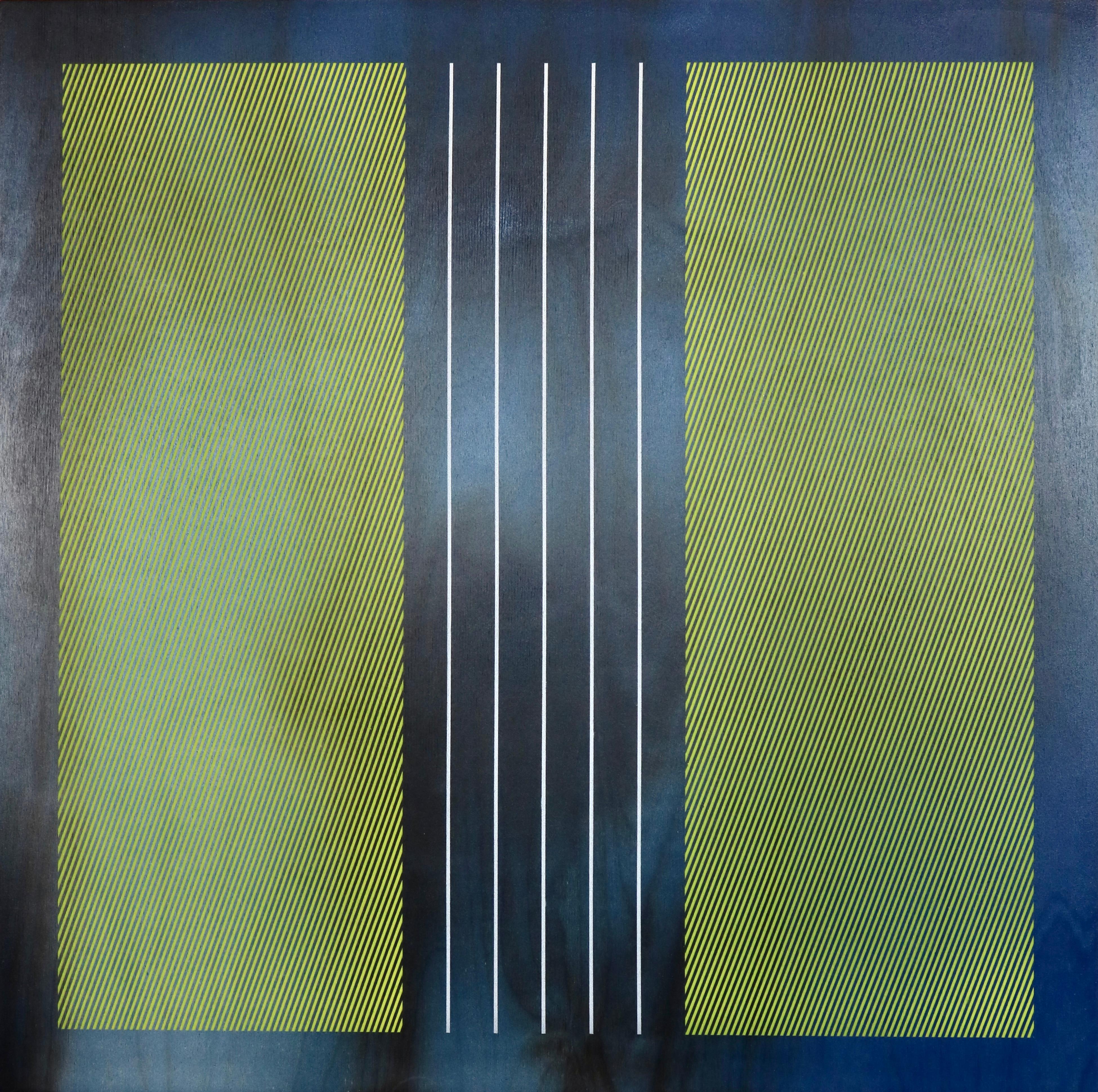 Square Mangata 2024.2 (lemon yellow grid, Navy blue, minimal, silver stripes) - Mixed Media Art by Melisa Taylor Metzger