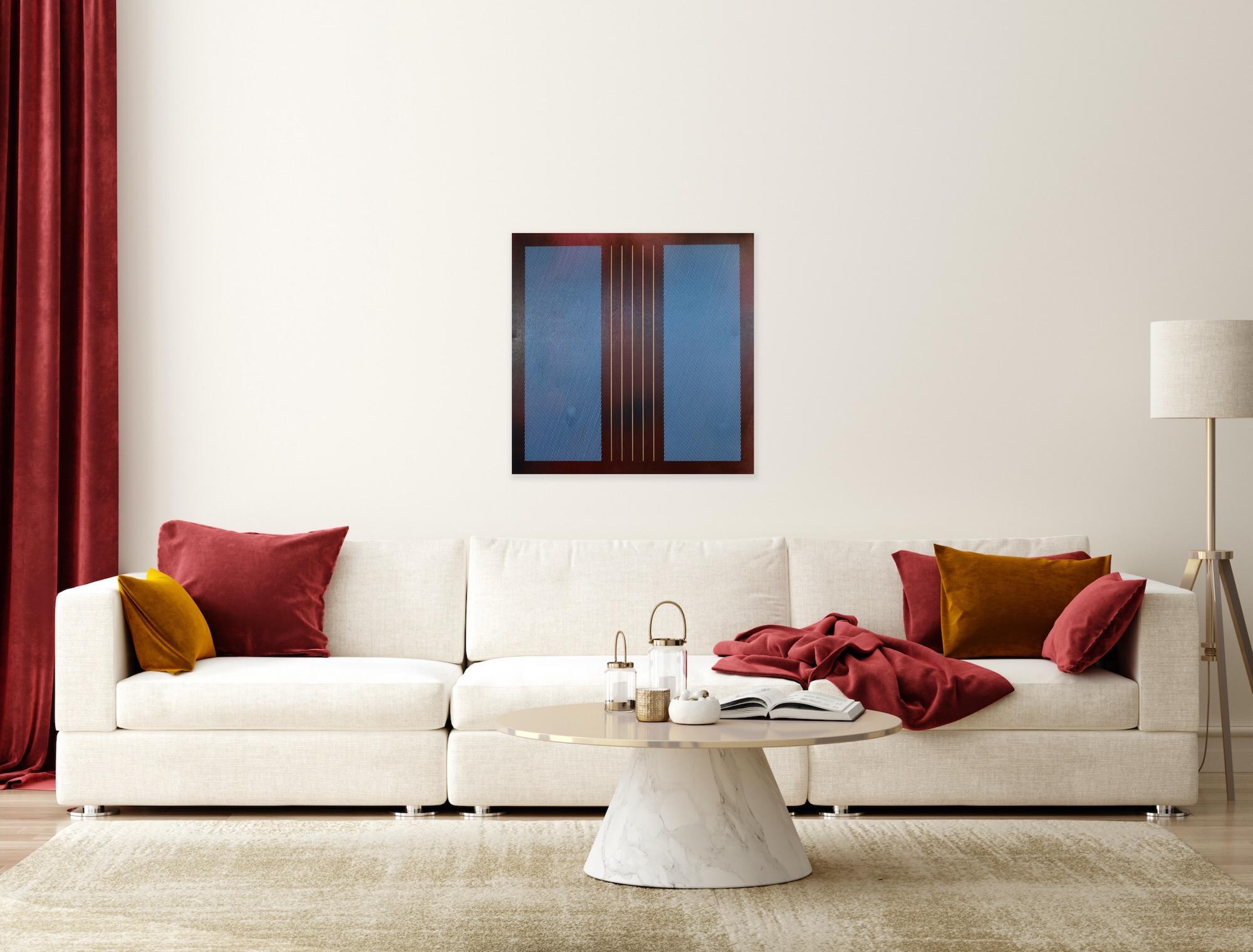 Square Mangata 2024.3 (cherry red, sky blue grid, minimal, square, gold stripes) For Sale 7