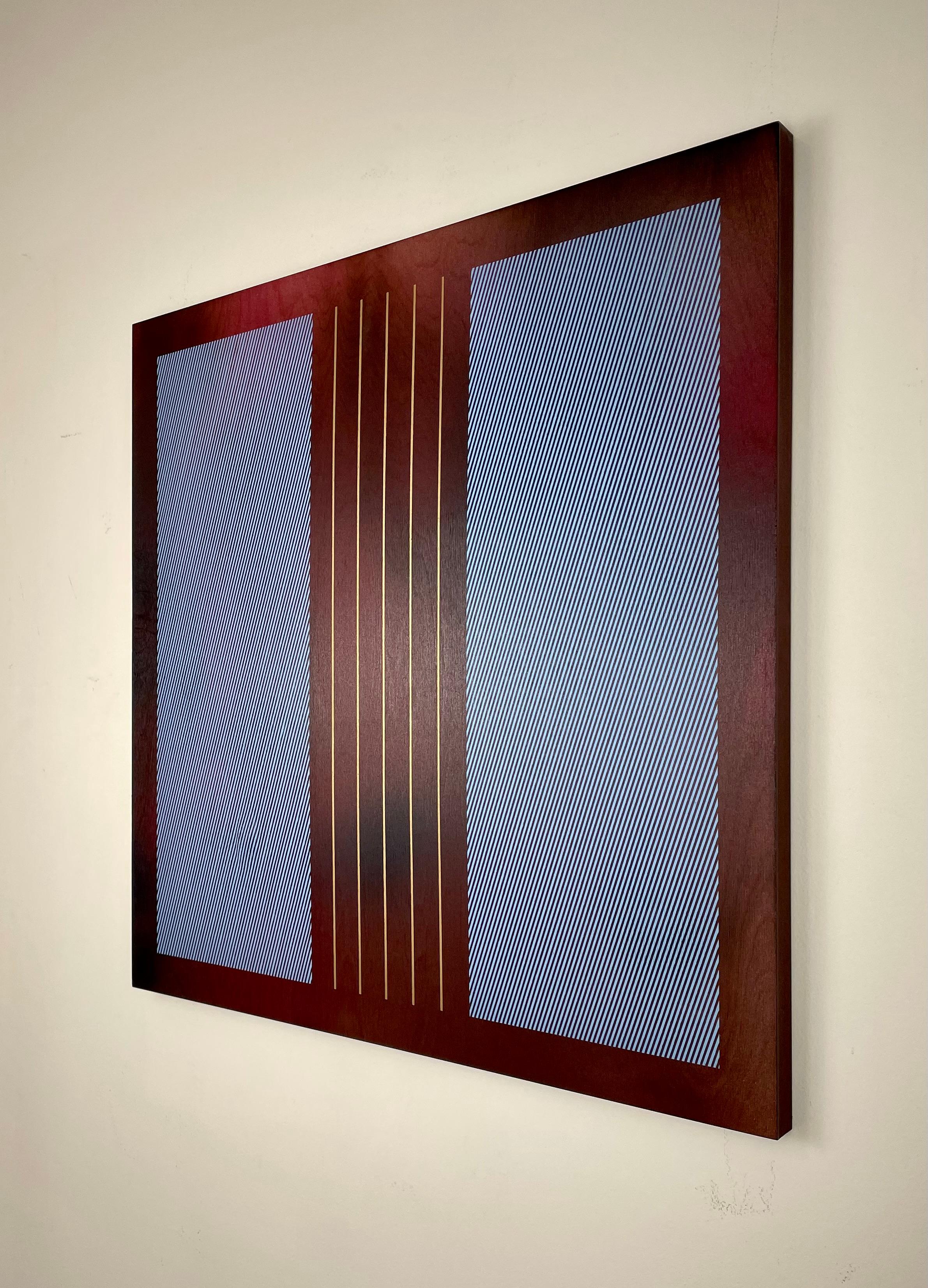 Square Mangata 2024.3 (cherry red, sky blue grid, minimal, square, gold stripes) - Minimalist Mixed Media Art by Melisa Taylor Metzger