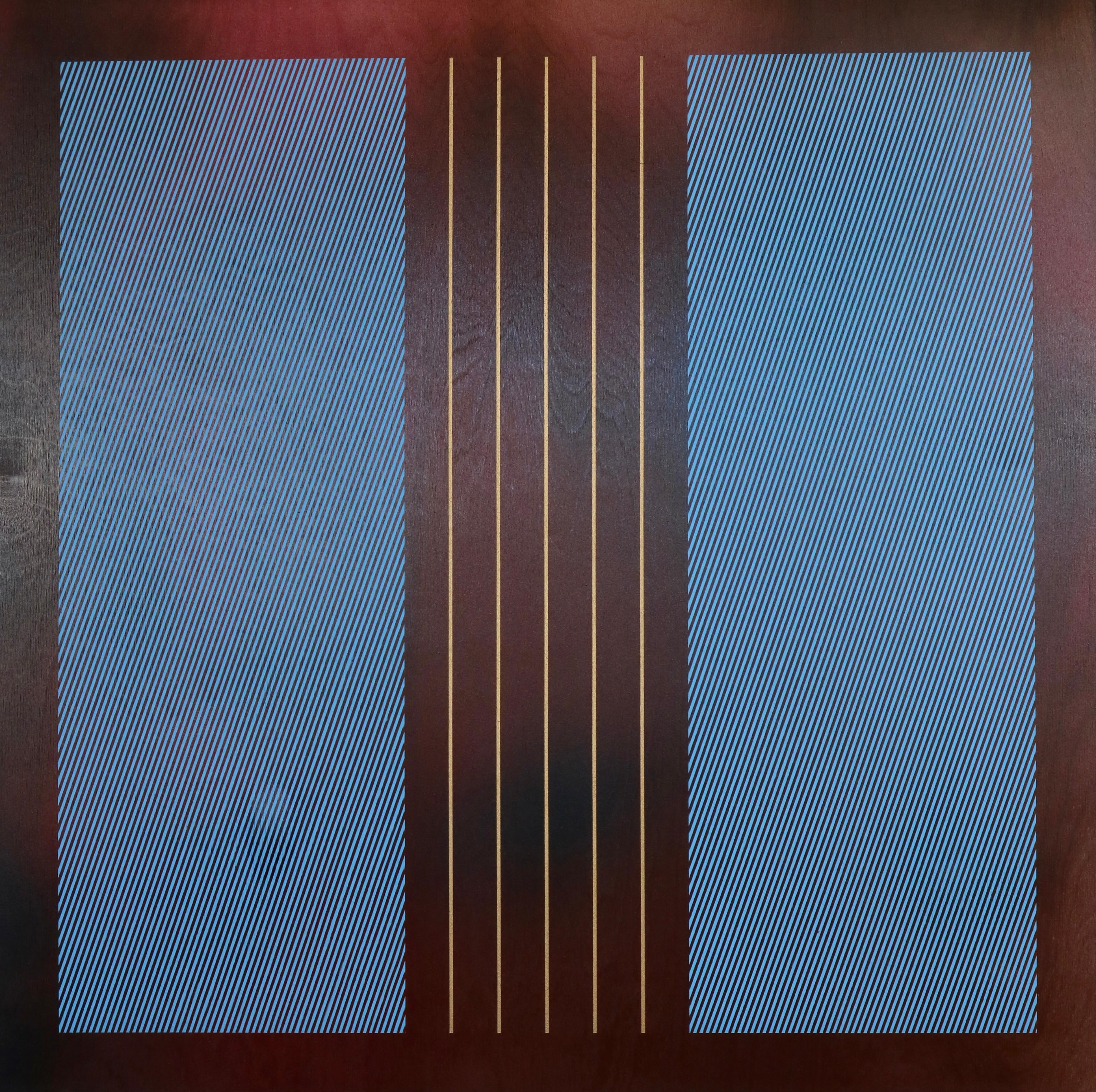 Mangata 2024.3 rouge vif, grille bleu ciel, minimale, carrée, rayures dorées - Mixed Media Art de Melisa Taylor Metzger
